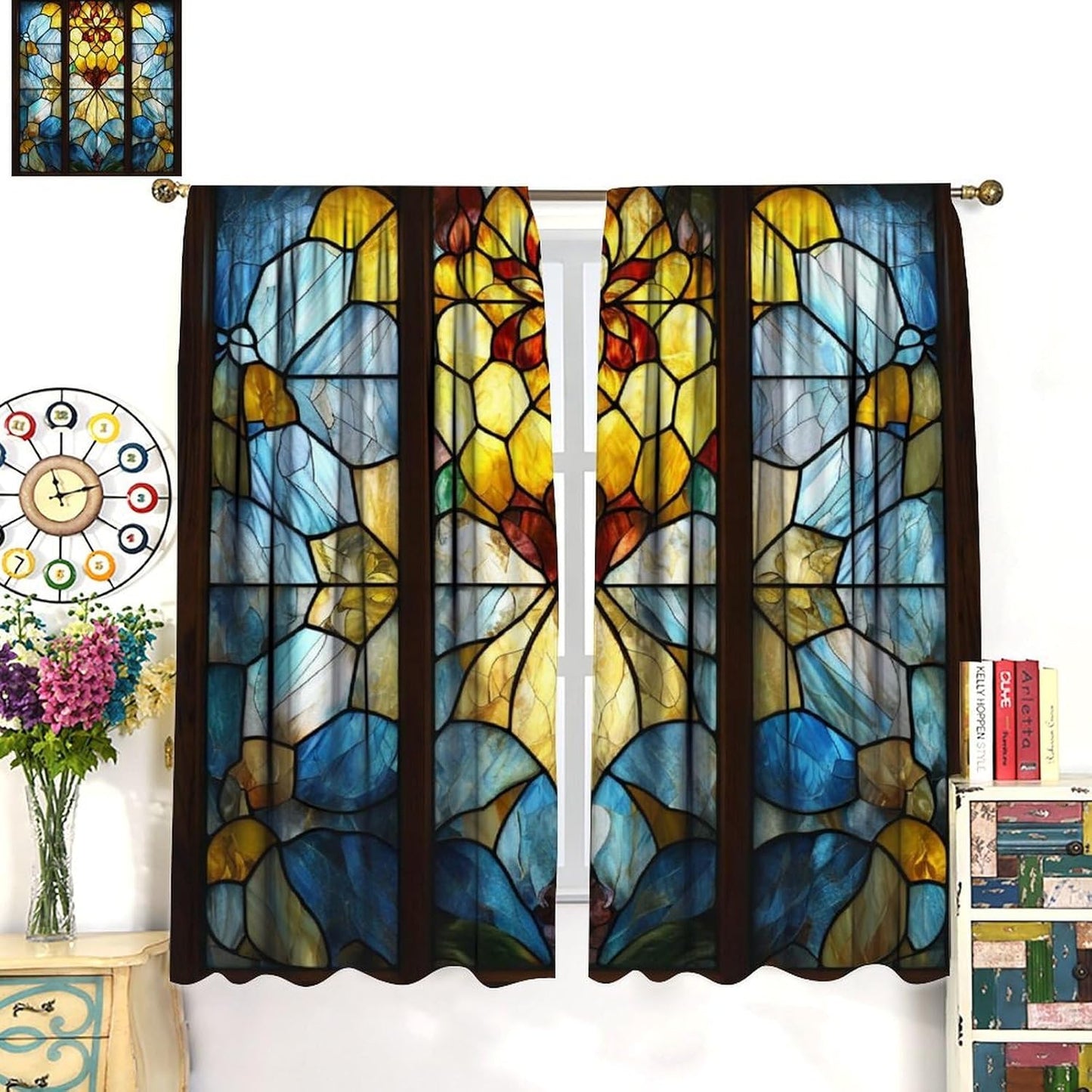 Stained Glass Curtains,Retro Abstract Colorful Art Home Decor Drapes for Bedroom Living Room Kitchen Window Treatment 2 Panels Set Total Size 42" W X 54" L Inch