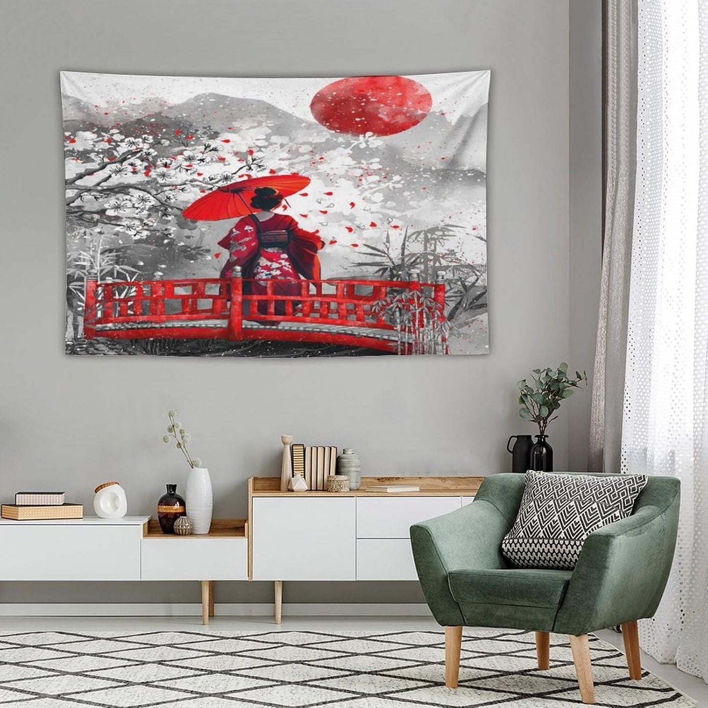 Japanese Red Geisha Tapestry Asian Cherry Blossom Red Sun Traditional Kimono Folk Tapestries Home Decor for Living Room Bedroom Apartment Farmhouse Dorm 60"x40"