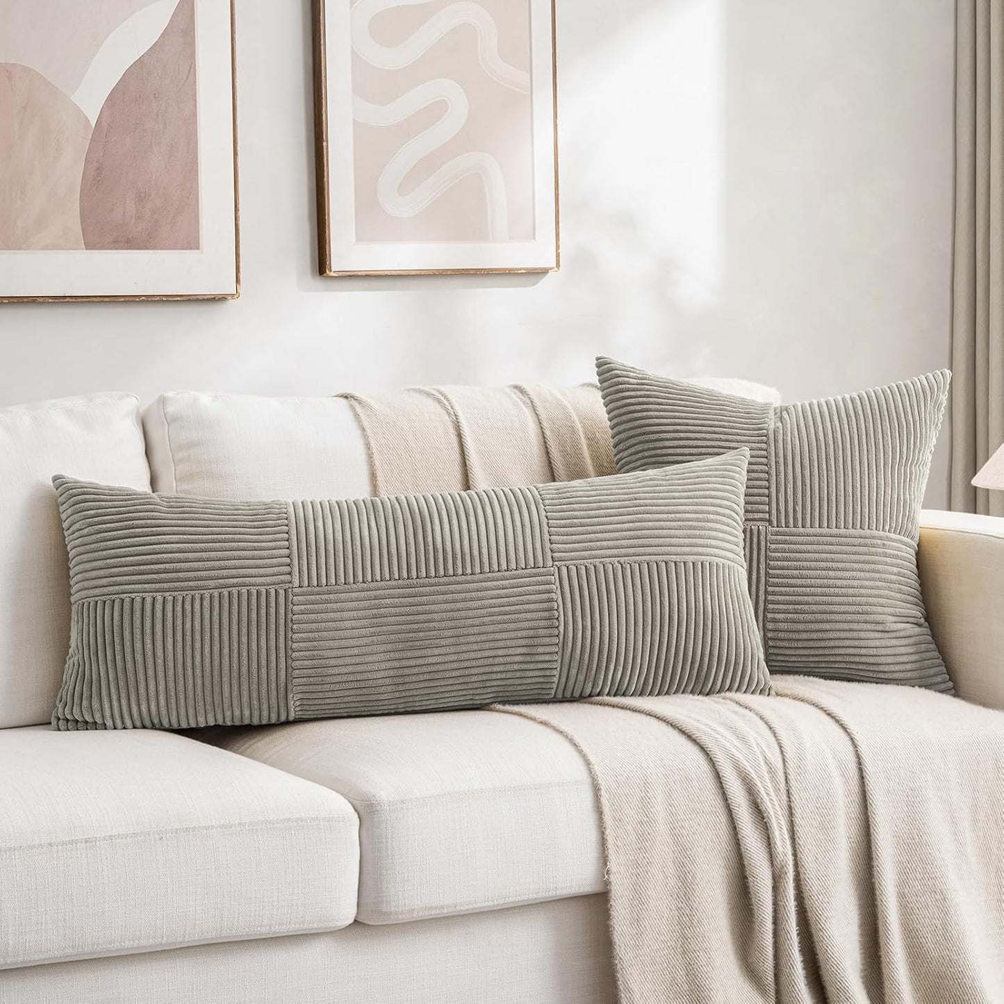 Fancy Homi Set of 2 Neutral Grey Boho Long Lumbar Body Decorative Throw Pillow Cover 14x36 Inch for Bed Couch Bedroom Bench, Soft Patchwork Corduroy Textured Pillow Case, Rustic Farmhouse Room Décor