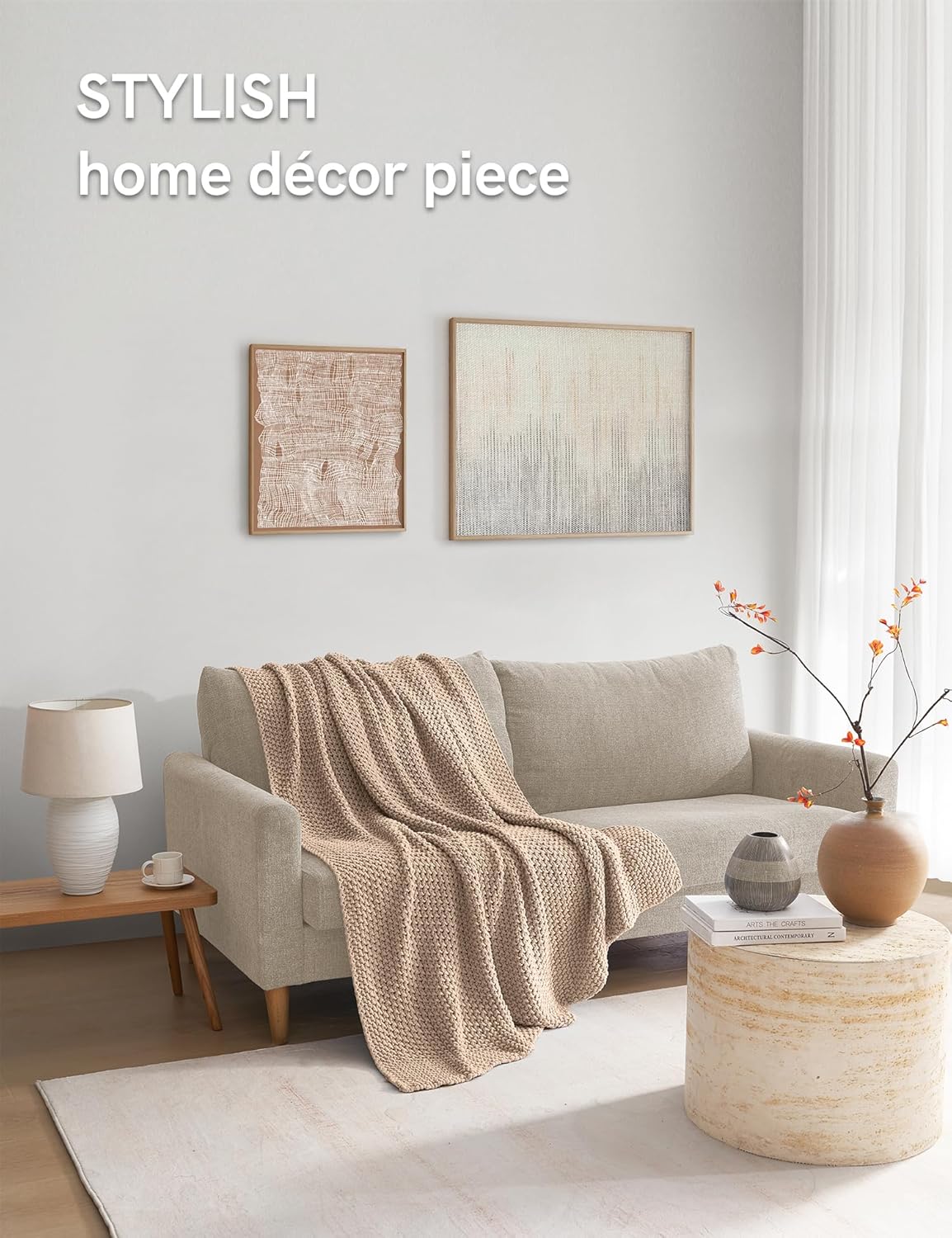 YnM Chunky Cotton Knit Throw Blanket, Cable Knit Throws for Bed Couch Sofa, Comfy & Relaxing, Decorative Piece for Farmhouse Modern Boho Rustic Scandinavian Chic Vibe, Beige 40x50 Inches