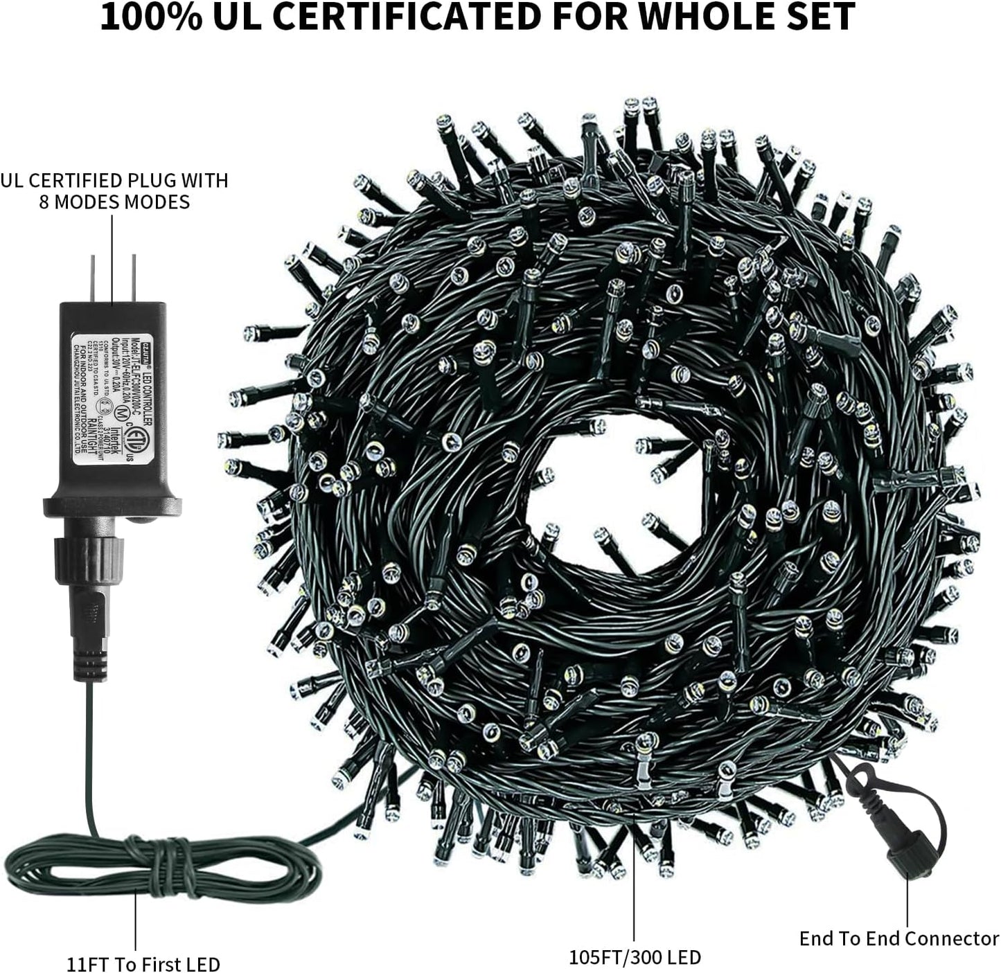 XTF2015 Christmas String Lights, 105ft 300 LED Christmas Lights 8 Modes Memory Function & Timer- UL Certified - Outdoor Indoor Christma s Fairy Lights for Tree, Garden, Party, Wedding(Blue + White)