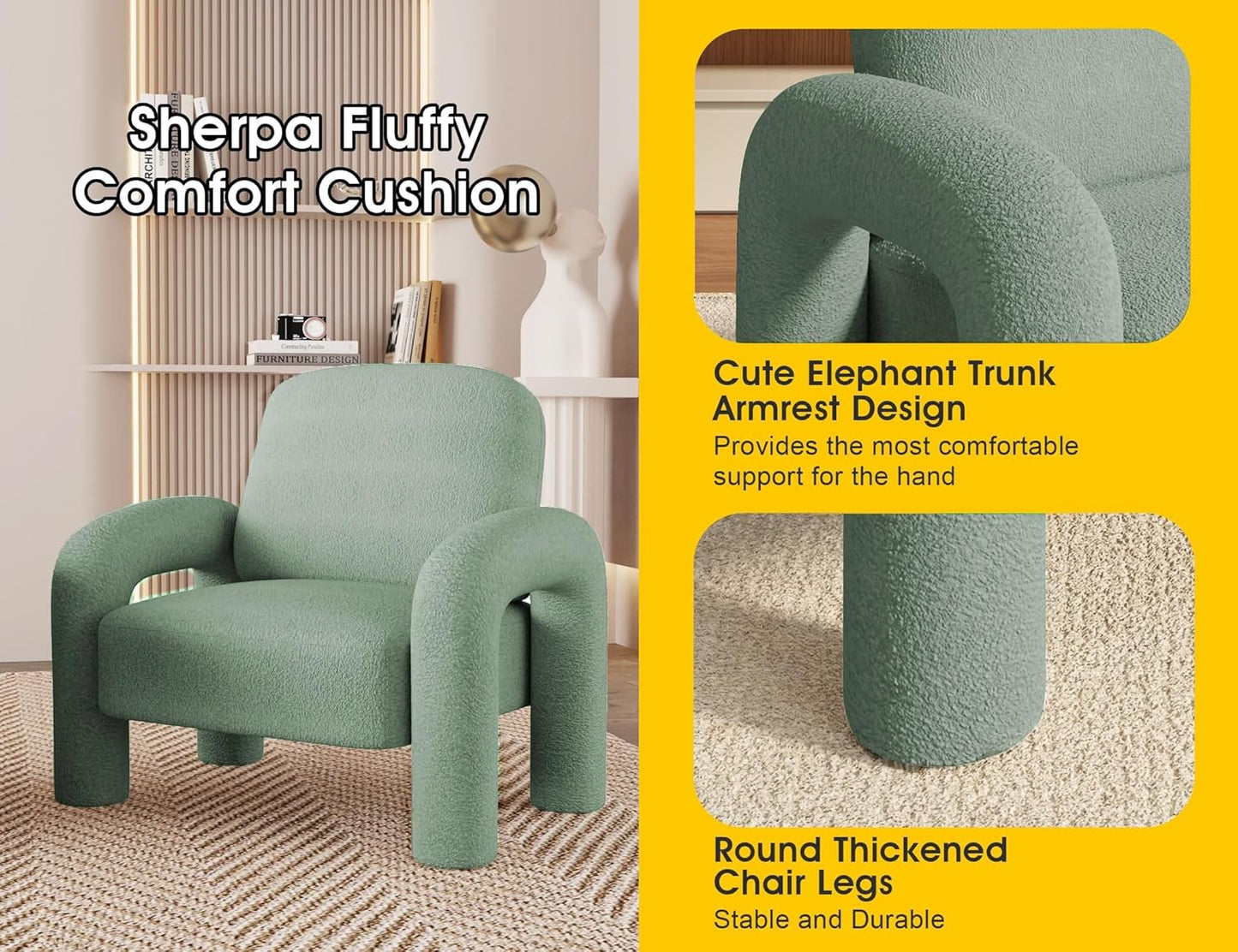 Modern Sherpa Accent Chair, Teddy Upholstered Arm Single Sofa, Cozy Fluffy Reading Chair for Living Room, Bedrooms, Corner (Mint Green)