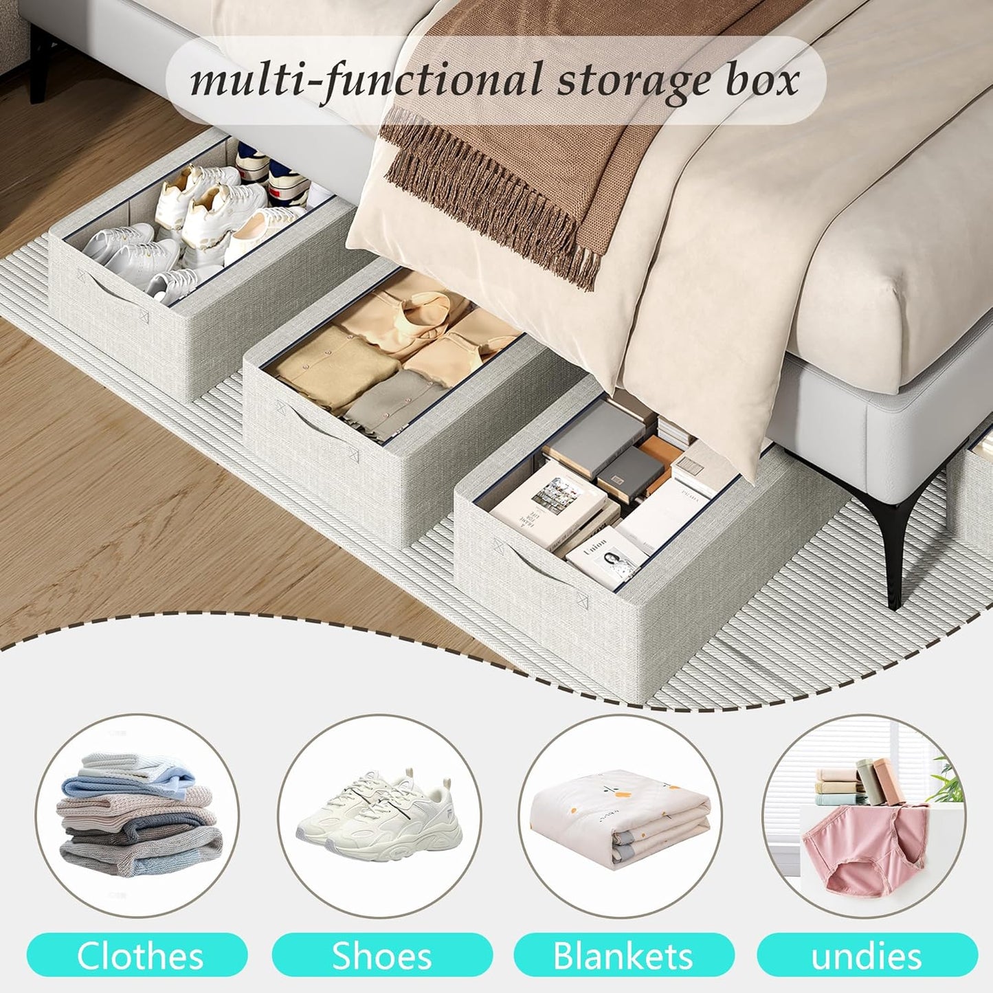 3PCS Under Bed Storage Bins with Metal Frame, Linen Fabric Frame Storage Box Clothes Organizer Bins, Underbed Container with Clear Window (Beige, 23.6 x 13 x 6IN)