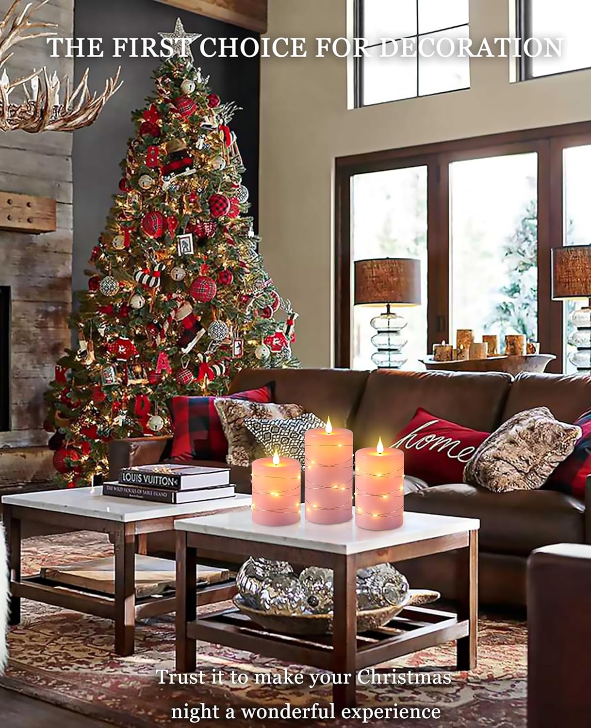 Pink Flameless Candles with String Lights Battery Operated Flickering LED Pillar Candles 4‘’ 5‘’ 6‘’ Candle with Remote Control, Set of 3