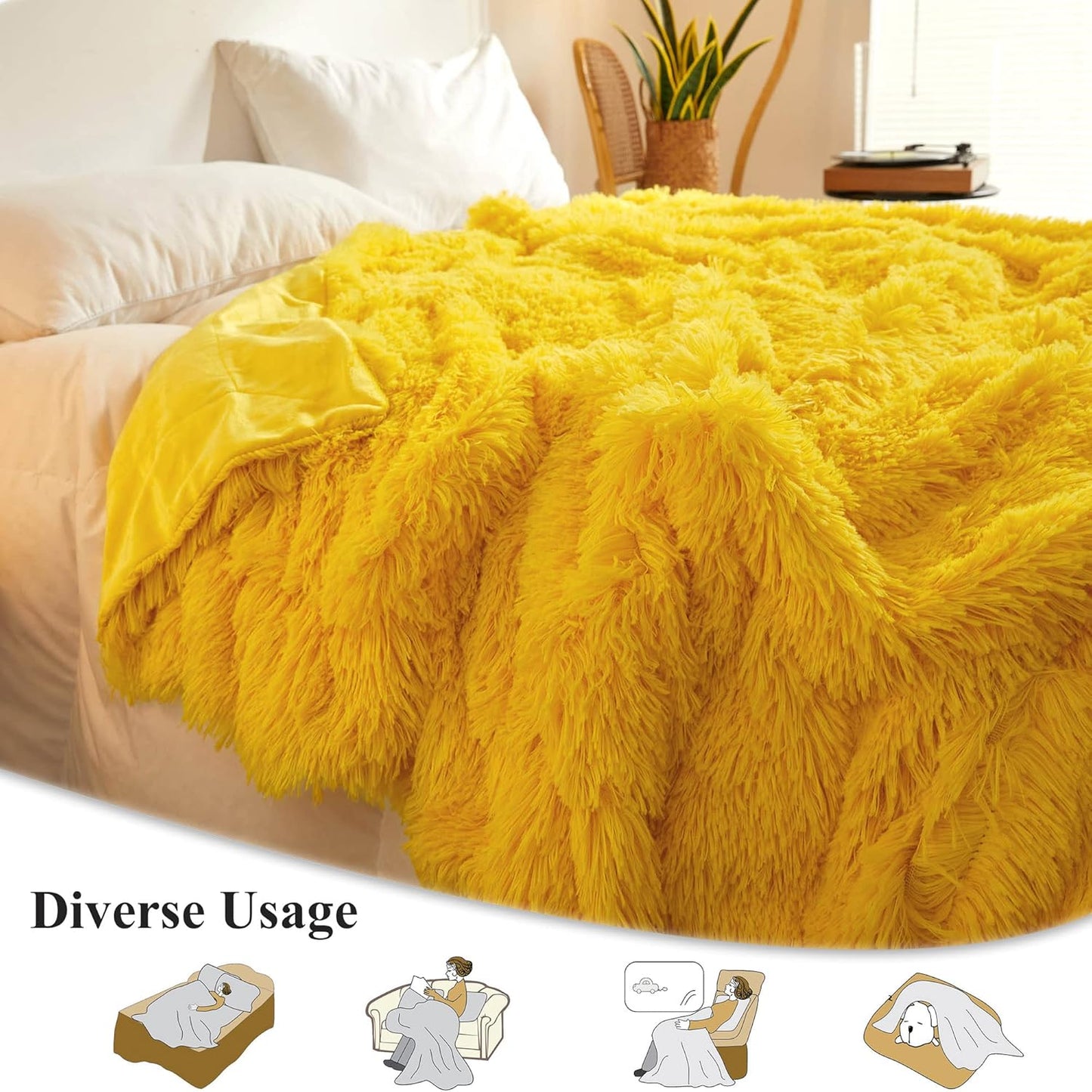 XeGe Luxury Faux Fur Throw, Yellow Soft 50x60 Fluffy Bed Blanket, Cozy Shaggy Plush Decorative Couch Throw, Cute Furry Fuzzy Lap Blanket for Kids Women Men Teen Girls Yellow