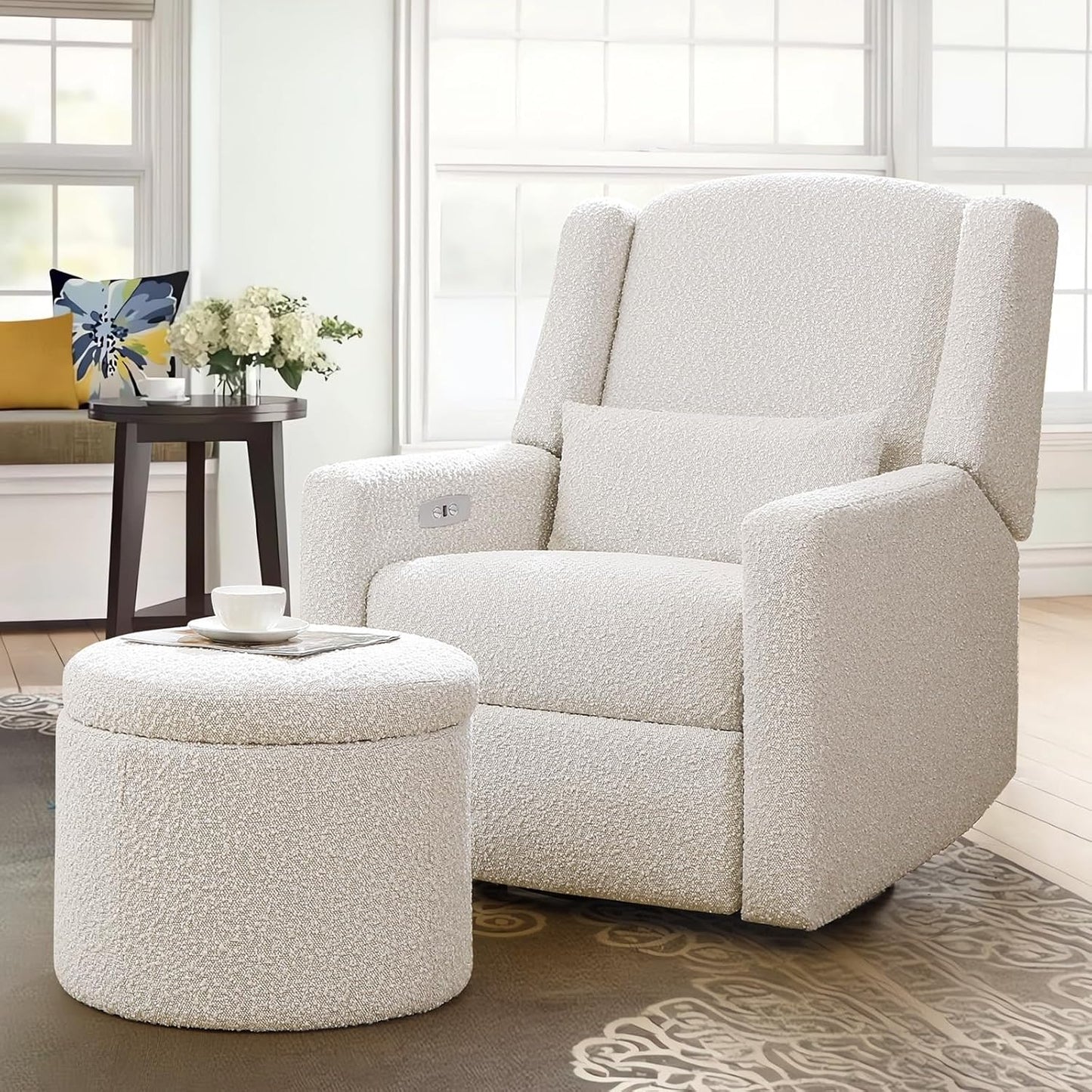 Power Recliner Chair Swivel Glider, Large Rocker Recliner with Ottoman & USB Charging Port, Boucle Upholstered Swivel Rocker Glider Recliner for Nursery,Bedroom,Living Room, Cream