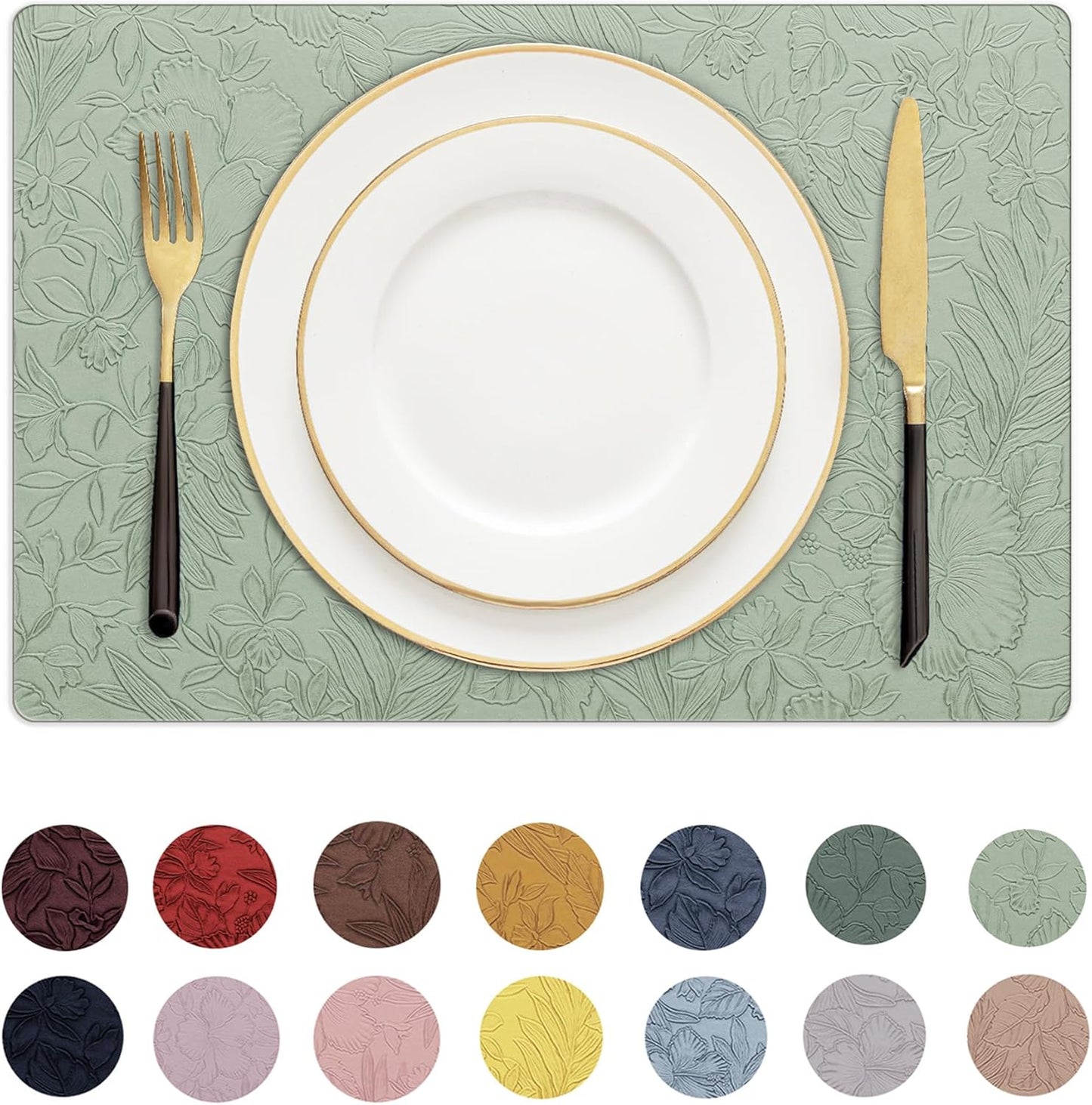 Romanstile Vinyl Placemats Set of 6-12 X 18 Inch - Heat Resistant Non-Slip Embossed Floral Place Mats 100% Waterproof Oilproof Wipeable Faux Leather Table Mats for Kitchen/Dining/Party, GrassGreen