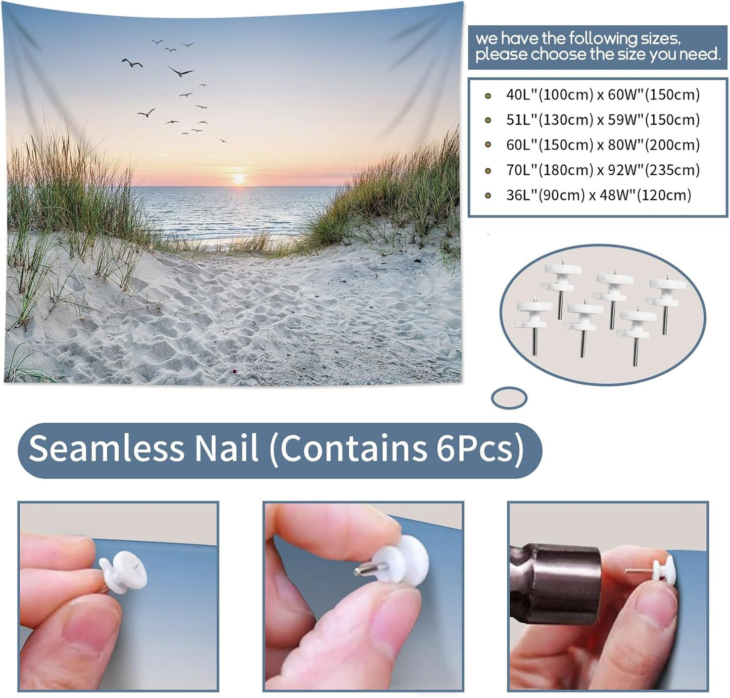 HVEST Ocean Beach Tapestry Wall Hanging, Sunset Seabird and Beach with Grass, Natural Landscape for Bedroom, Living Room, Dorm Decoration, 92.5x70.9 Inches