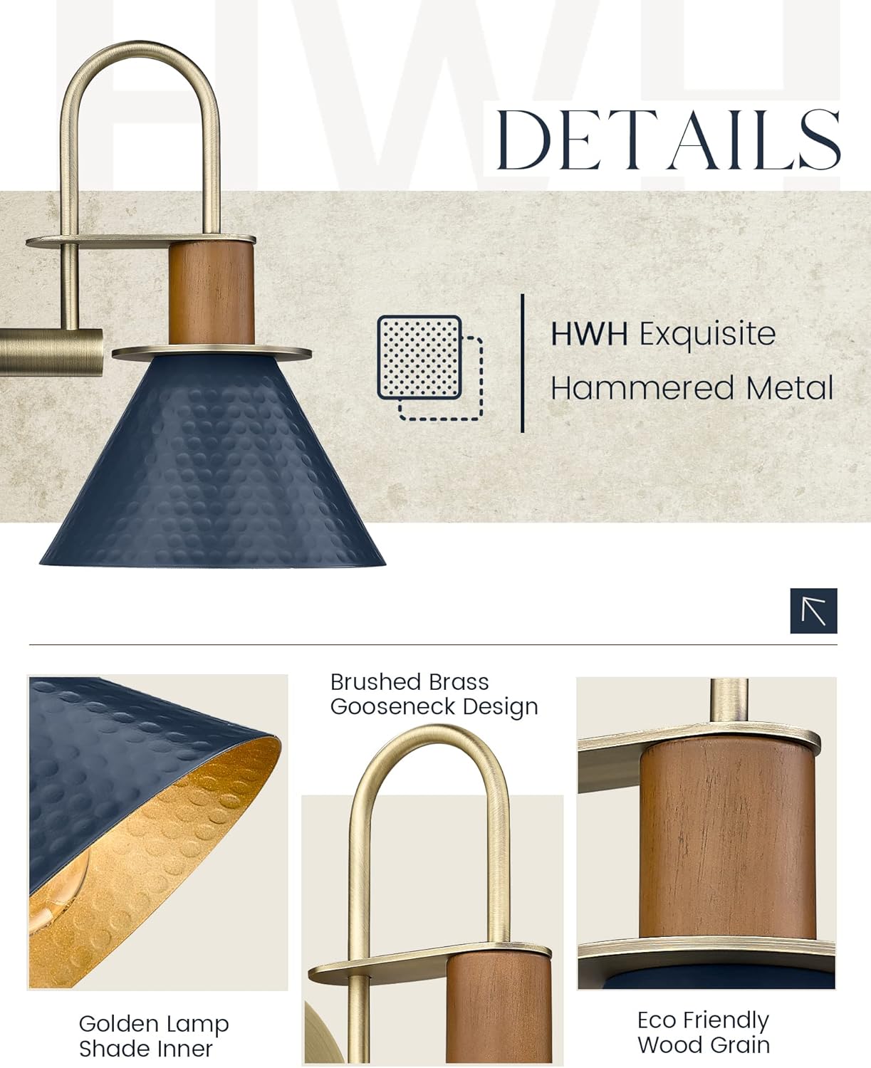 HWH Rustic Wall Sconces, Industrial Sconce Wall Lighting Indoor Wall Lamp, Gooseneck 1-Light Barn Vanity Light for Bathroom Bedroom Bedside, Hammered Metal Shade, Navy Blue Finish, 5HZG74B BL+BG