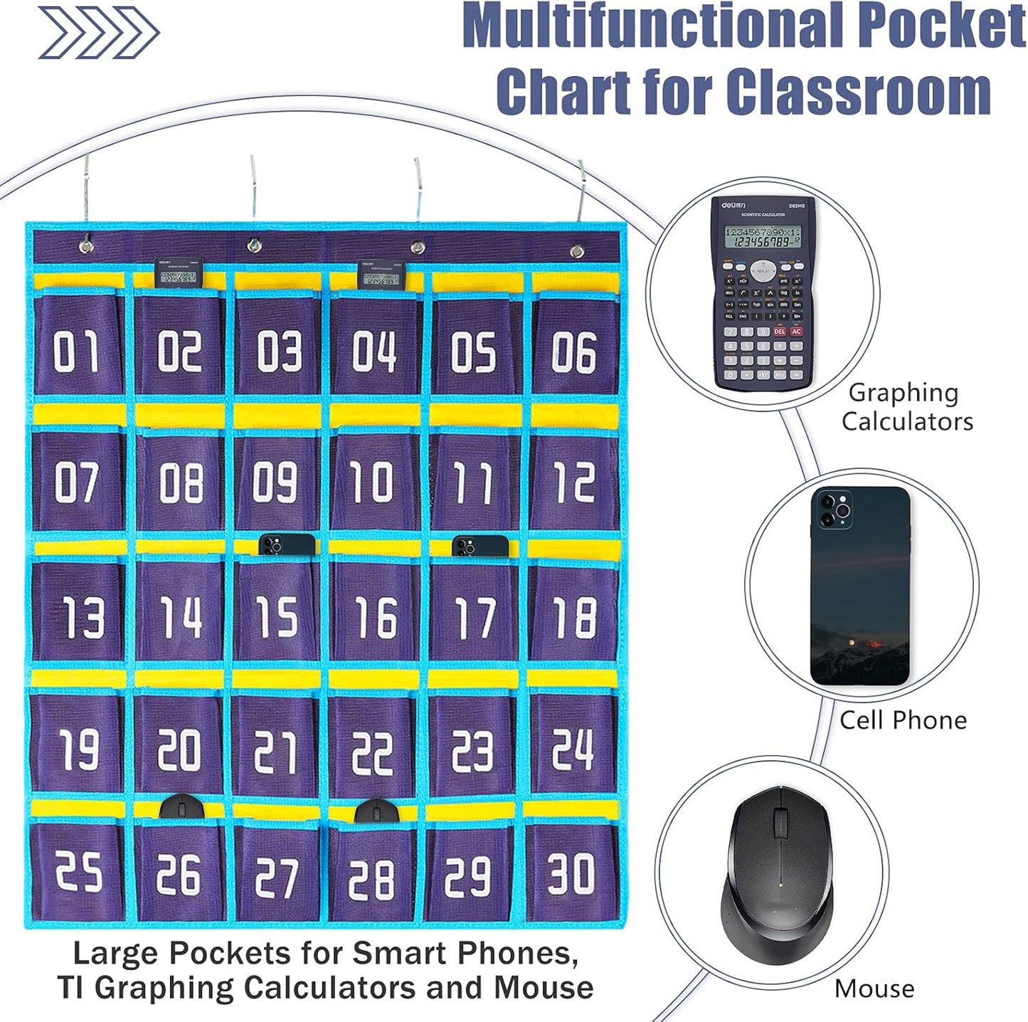Loghot Classroom Accessories Closet Pocket Chart for Cell Phones Holder Wall Door Hanging Organizer (30 Pockets Blue)