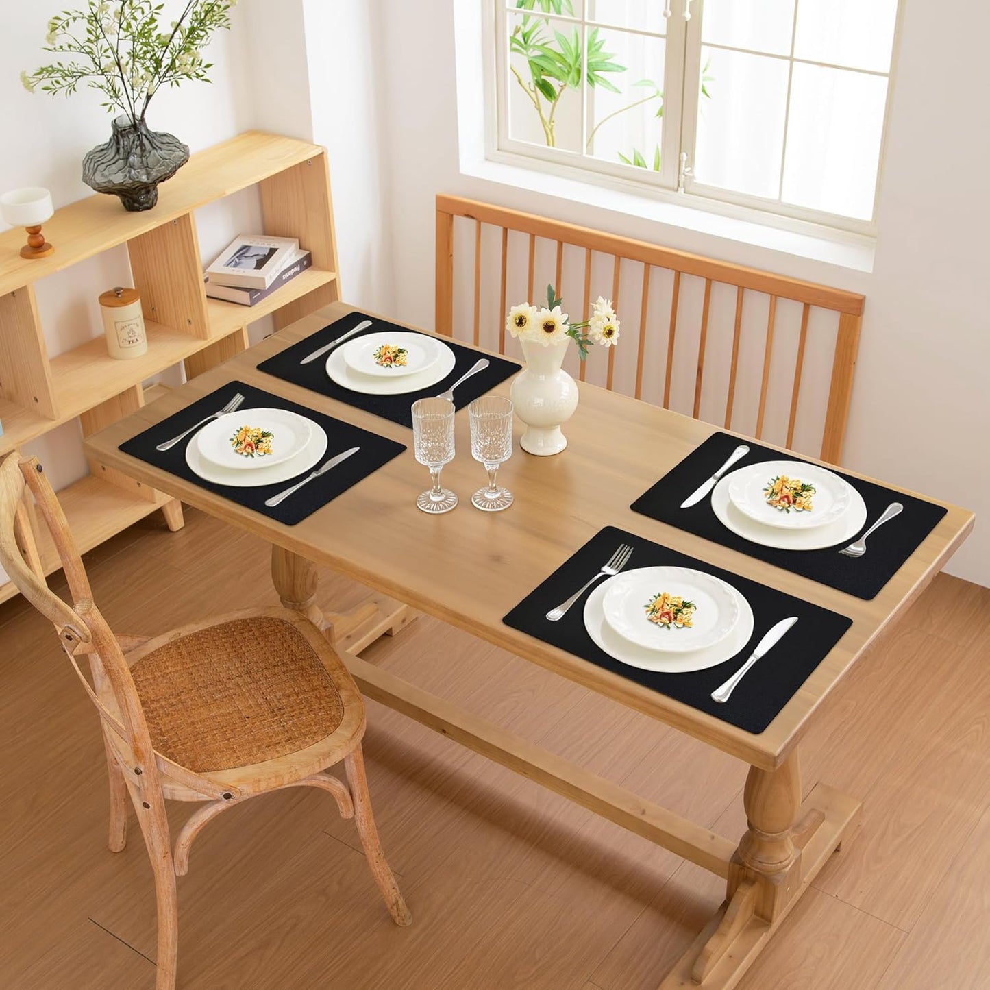 FROMHEART Faux Leather Placemats Set of 6–Waterproof,Heat/Oil Stain-Resistant PU Table Mat–Reversible,Non-Slip,Easy to Clean Place Mats for Kitchen,Dining,Indoor/Outdoor,(Black,11.8" x 17")