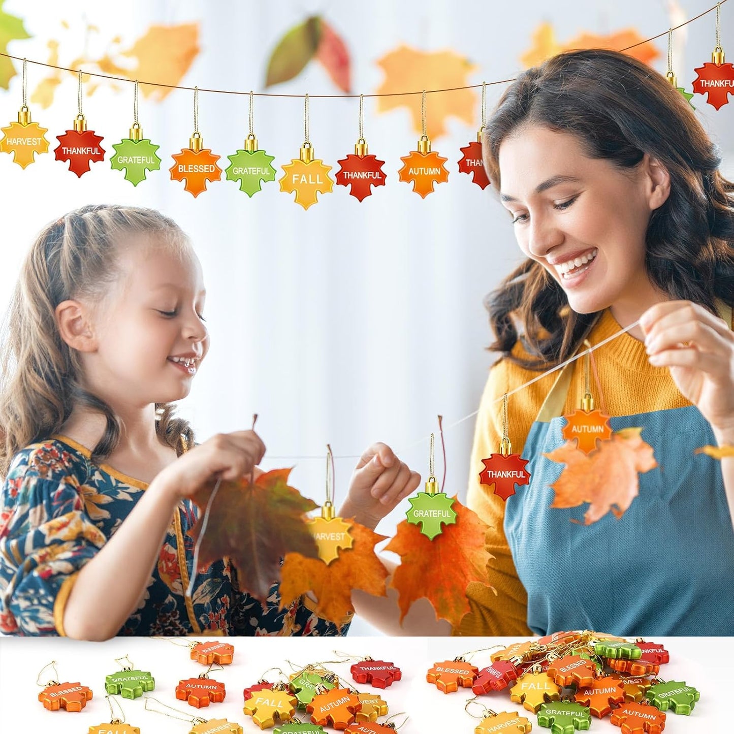 JULMELON 24Pcs Thanksgiving Ornaments, Fall LeavesTree Decorations Autumn Maple Hanging Ornaments with Rope Maple Pendant for Farmhouse Rustic Party Favors Craft Supplies