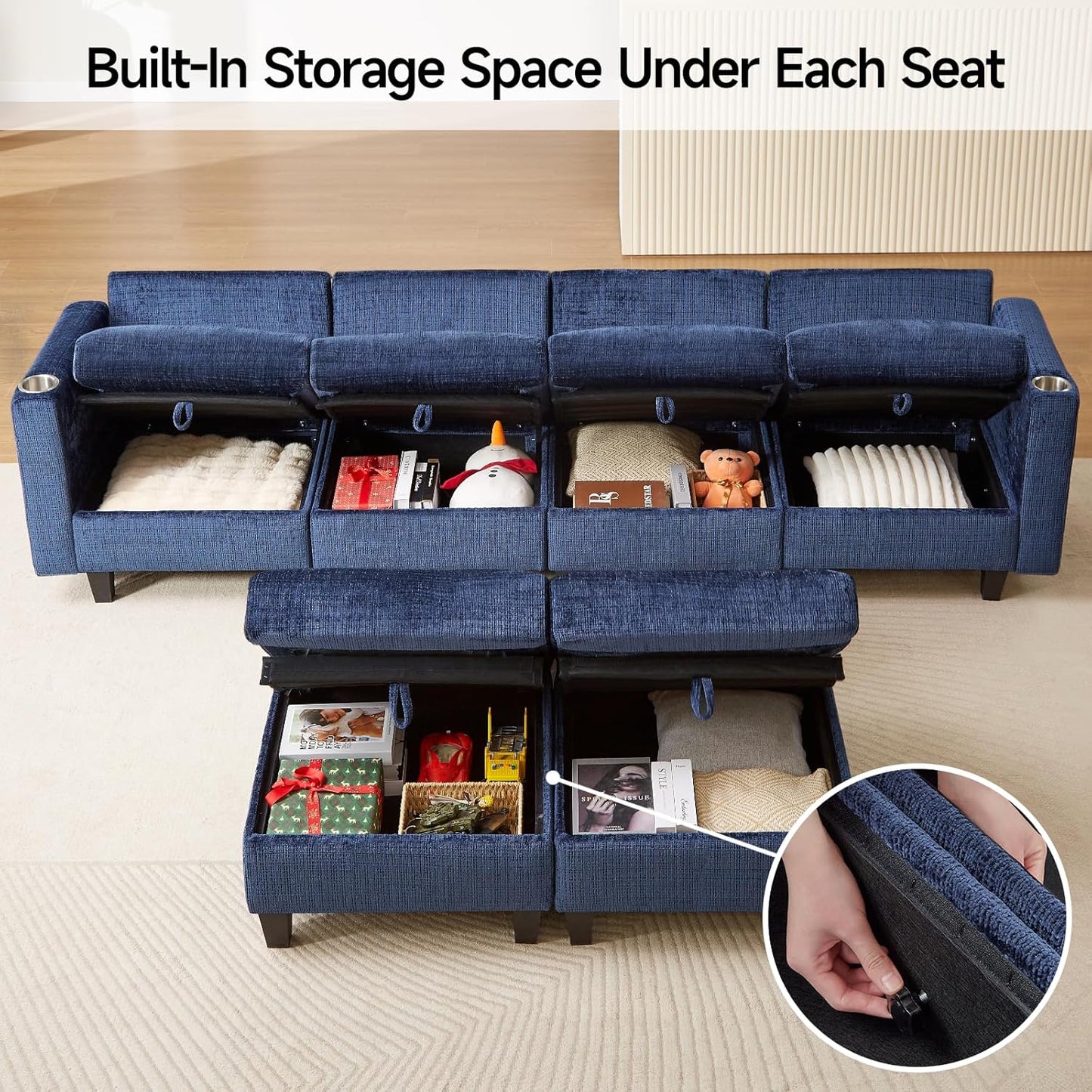 110" Modular Sectional Sofa, Convertible Sleeper Sofa Couch Bed with Adjustable Backrest, U-Shaped Chenille Cloud Couch with Ottoman Storage, Deep Seat Couches for Living Room,Blue