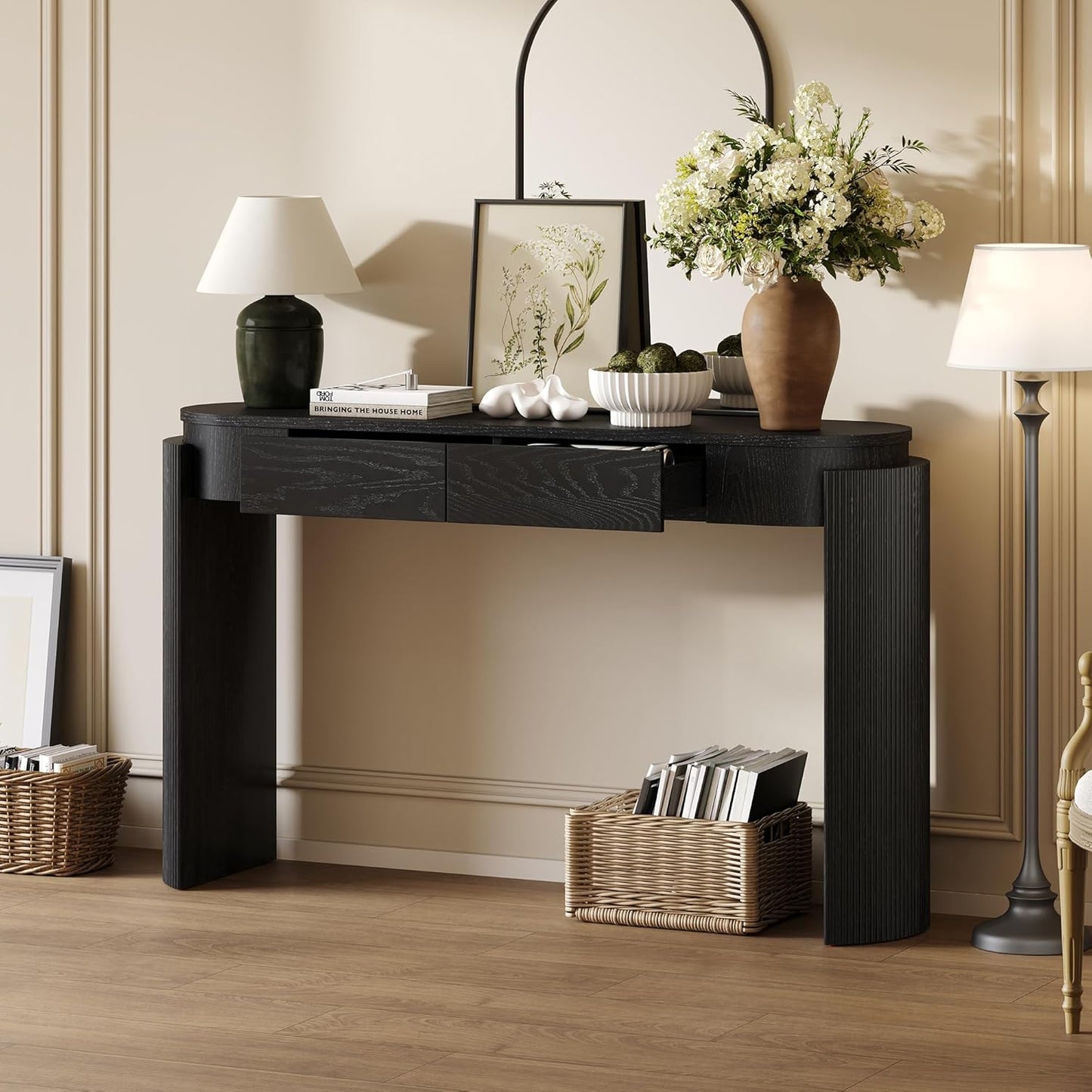 55" Sofa Table with Oval Top and 2 Drawers, Entryway Console Table with Fluted Design for Hallway,Foyer,Entry and Living Room (Fully Assembled-Black)
