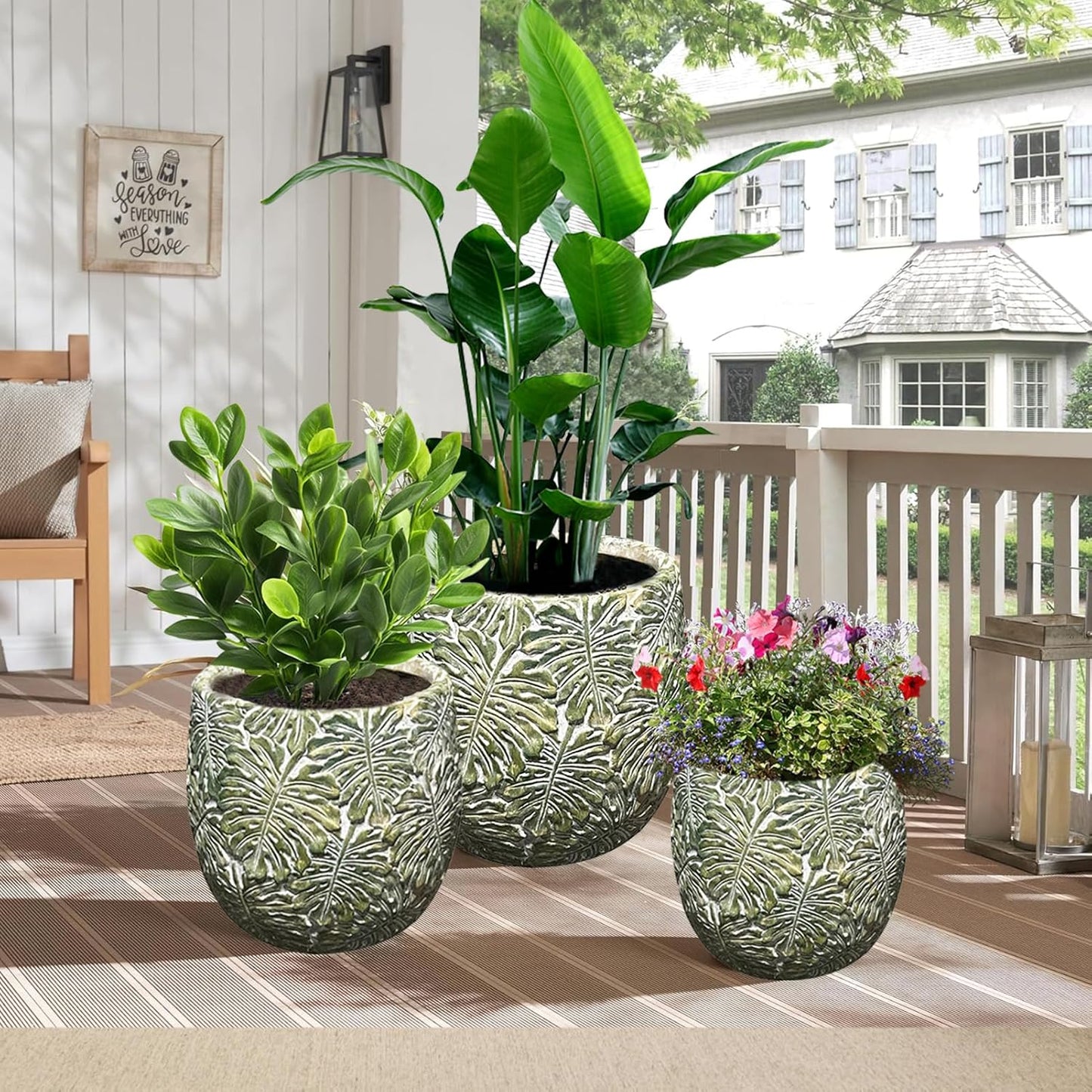 Craft flowerpots 18"+13"+19" Dia Round Concrete Planter Set of 3 Large Outdoor/Indoor Planter Pots Containers with Drainage Holes and Rubber Plug for Home Garden (Green, Large)