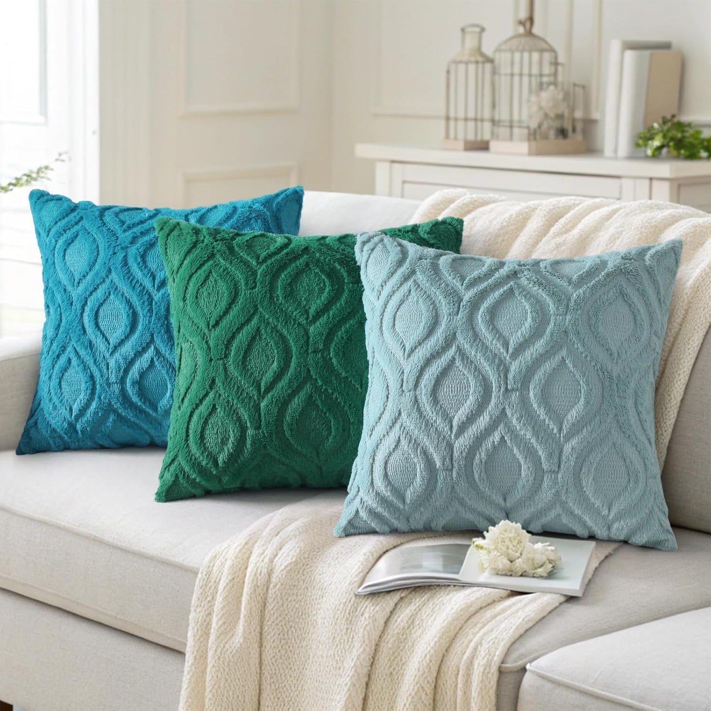 decorUhome Fall Throw Pillow Covers 18x18 Inch Set of 2, Soft Plush Decorative Faux Fur Turquoise Solid Couch Pillow Covers, Accent Farmhouse Neutral Square Euro Pillow Cases for Sofa Bed Living Room