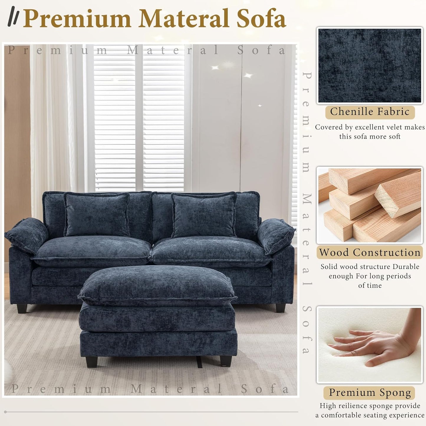 URRED Modular Sectional Sofa Comfy Cloud Couch, Modern Chenille Sofa Sleeper Deep Seat Couches with Ottoman/Pillows for Living Room (Blue, 82.6''- L Shape)