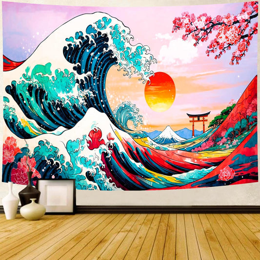 Delur Great Wave Tapestry Japanese Sunset Ocean Sea Wave Off Kanagawa Tapestry Wall Hanging Vintage Asian Anime Cherry Blossom Nature Headboard for Bedroom Living Room Home Decor (70.8" x 92.5")