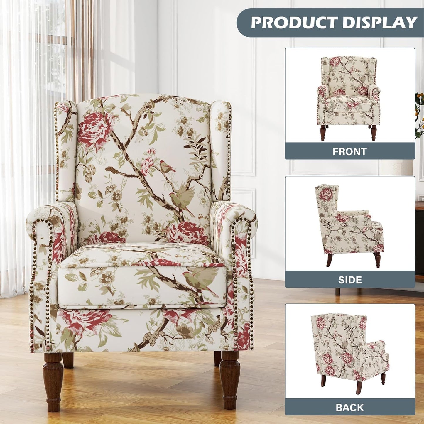 UIXE High Back Accent Chair, Fabric Upholstered Armchair for Living Room, Retro Wingback Arm Chair with Solid Wood Legs, Nailhead Trim Single Sofa Bedroom Reading Seat - Beige Floral