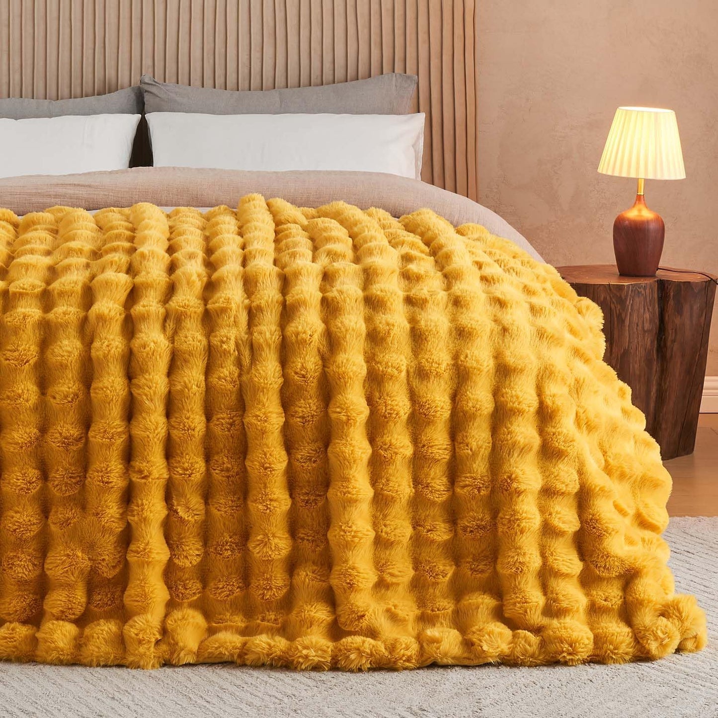 Lotus Karen Faux Fur Throw Blanket Ginger Yellow - Big Bubble Rabbit Fluff Blanket for Couch Bed Sofa,Softest Fluffy Fuzzy Cozy Blanket,Thick Furry Plush Shaggy Warm Blankets for Women,50x60 Inches