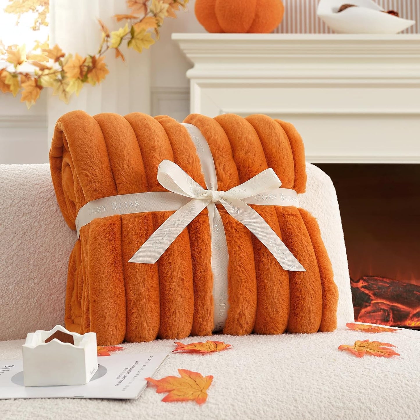 Cozy Bliss Fall Harvest Faux Fur Throw Blanket for Couch, Cozy Warm Plush Striped Blanket for for Decorating Couch Sofa Bedroom Living Room,60 * 80 Inches Burnt Orange
