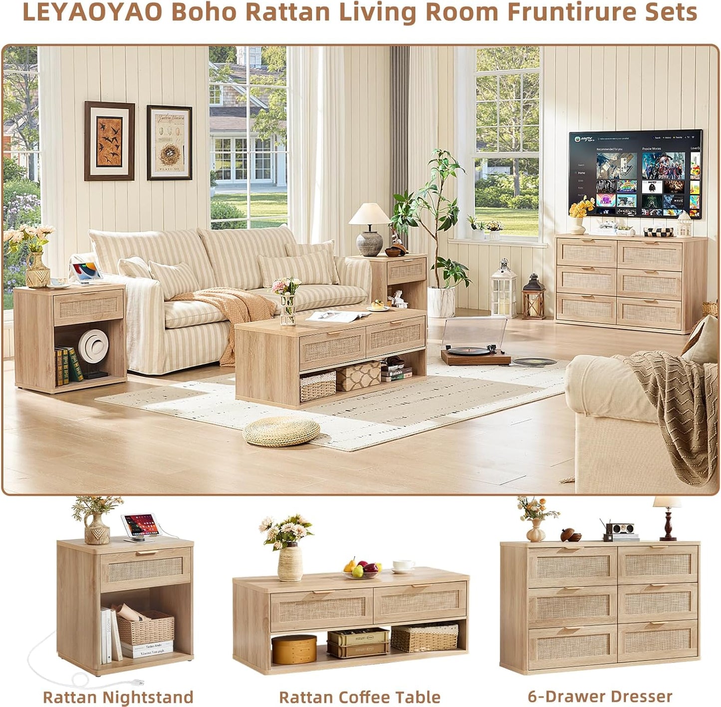 LEYAOYAO Boho Rattan Coffee Table Sets 2 Pieces, Nightstand with Charging Station and Coffee Table with Hidden Storage Compartment, Natural Living Room Table Set, Wood Furniture Sets for Home Office