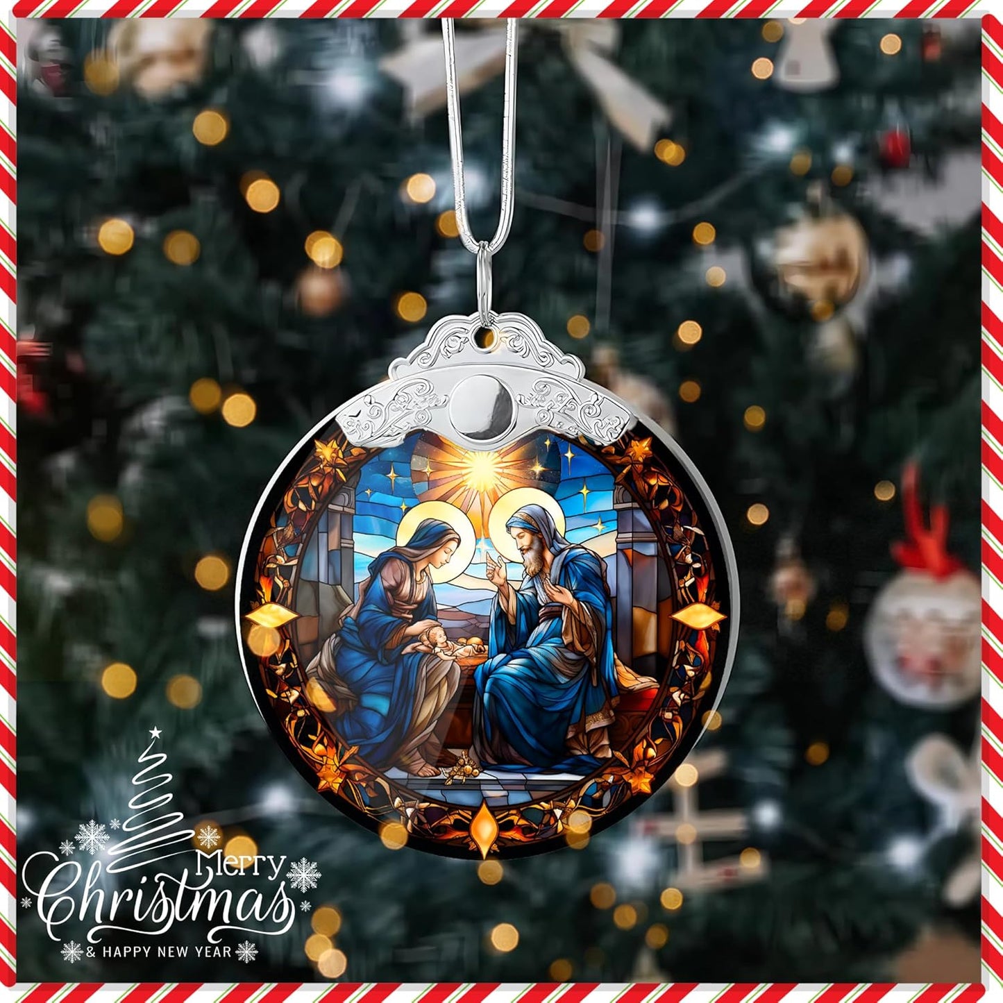 Nativity Ornaments, Stained Glass Effections, Nativity Scene 4 Inch Acrylic Ornament Art, White Elephant Gifts, Nativity Christmas Ornaments, Christmas Decor (Suncatcher Nativity)