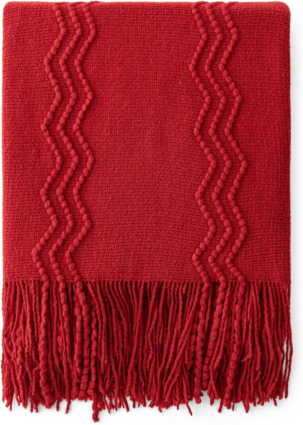 MIULEE Red Knitted Throw Blanket for Couch Boho Textured Cozy Woven Blanket with Tassels for Sofa Chair Bed Living Room Acrylic Wave Pattern 50"x60"