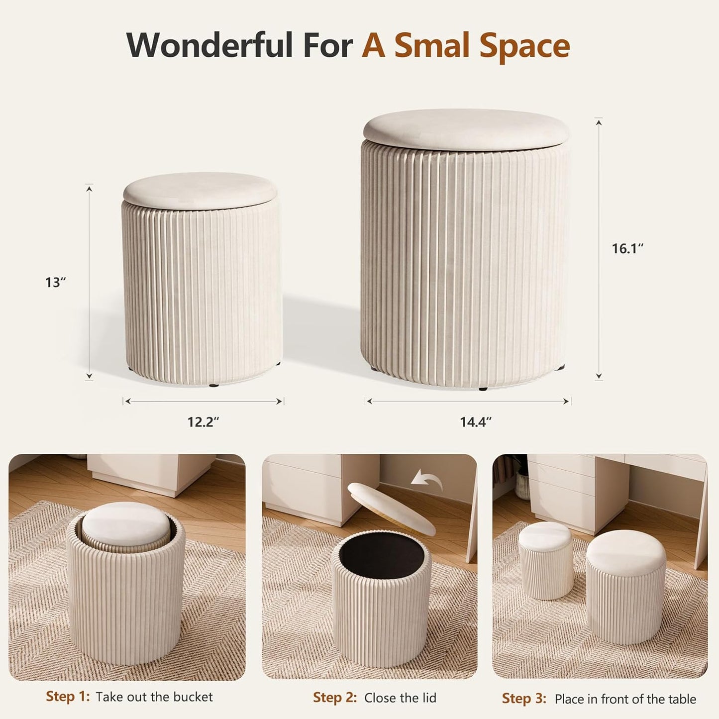 Ottoman with Storage Set of 2, Velvet Storage Ottoman, Upholstered Sponge Vanity Stool Support 300lbs, Multifunctional Coffee Table Foot Rest Ottomans for Living Room Bedroom, Beige