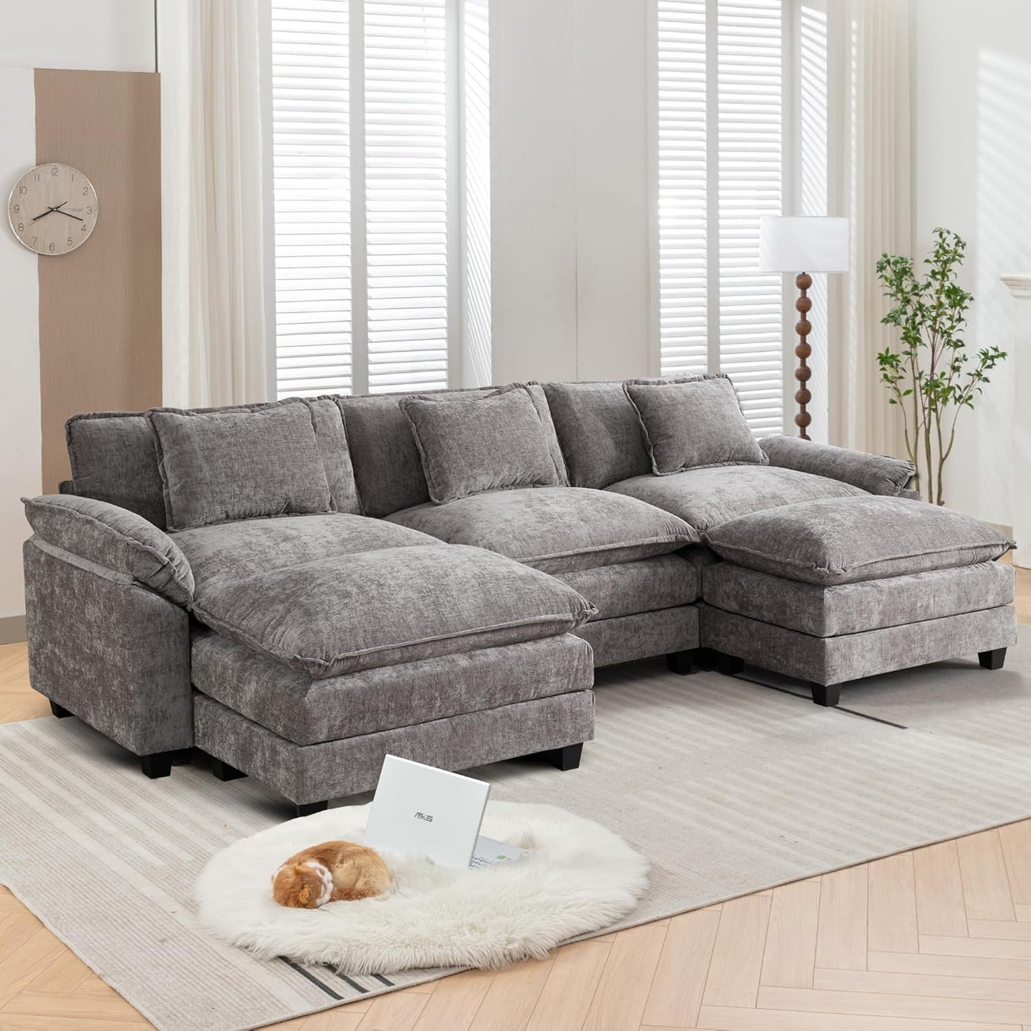 URRED Modular Sectional Sofa Comfy Cloud Couch, Modern Chenille Sofa Sleeper Deep Seat Couches with Ottoman/Pillows for Living Room (Gray, 117'' - U Shape)