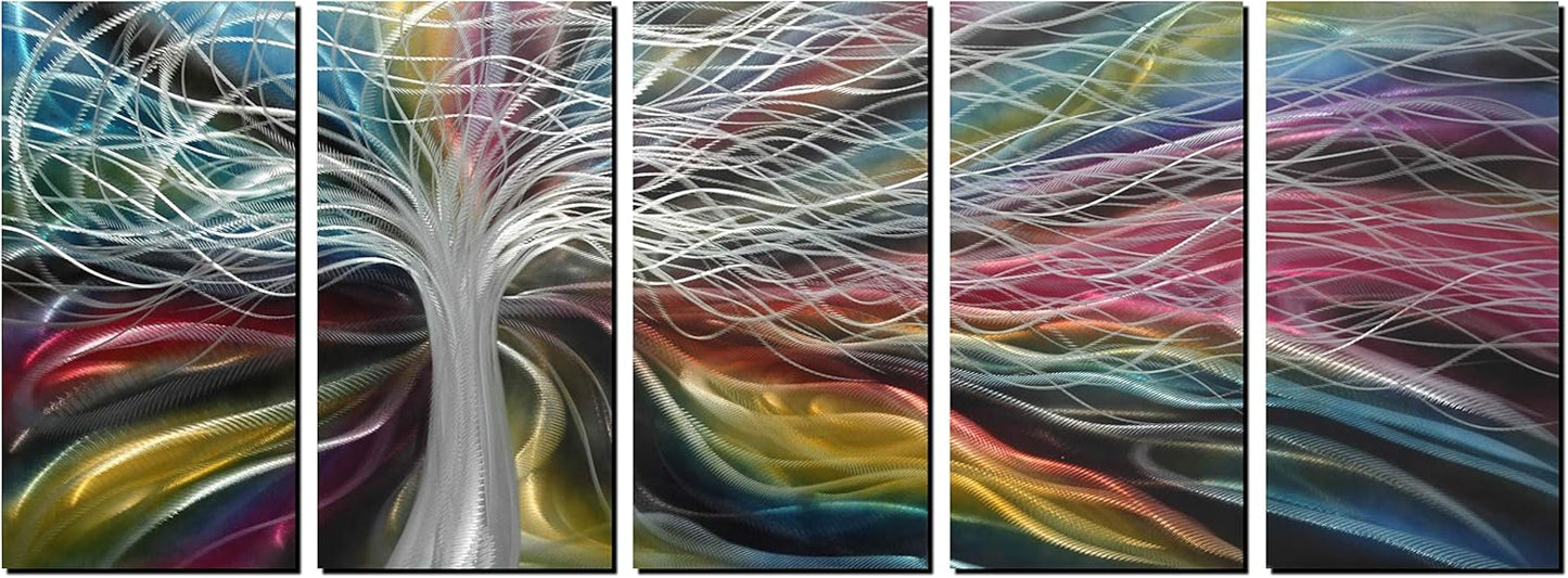 Unique Metal Wall Art with Colorful Fantastic Tree Design, Abstract Modern and Contemporary Décor, Metal Wall Sculpture, Silver Aluminum Artwork, Indoor and Outdoor decoration, 5 panels 64"x24"