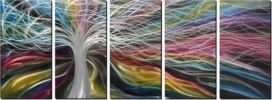 Unique Metal Wall Art with Colorful Fantastic Tree Design, Abstract Modern and Contemporary Décor, Metal Wall Sculpture, Silver Aluminum Artwork, Indoor and Outdoor decoration, 5 panels 64"x24"