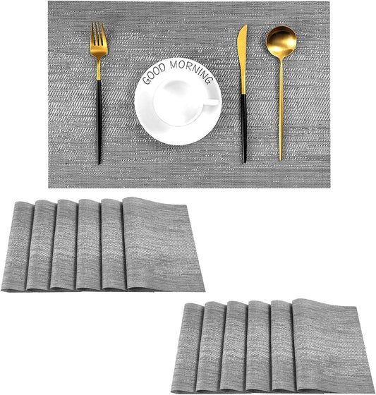 Leetaltree Grey Placemats, Heat Resistant Non-Slip Place mats for Dining Table, Washable Durable PVC Vinyl Woven Table Mats (Set of 12)
