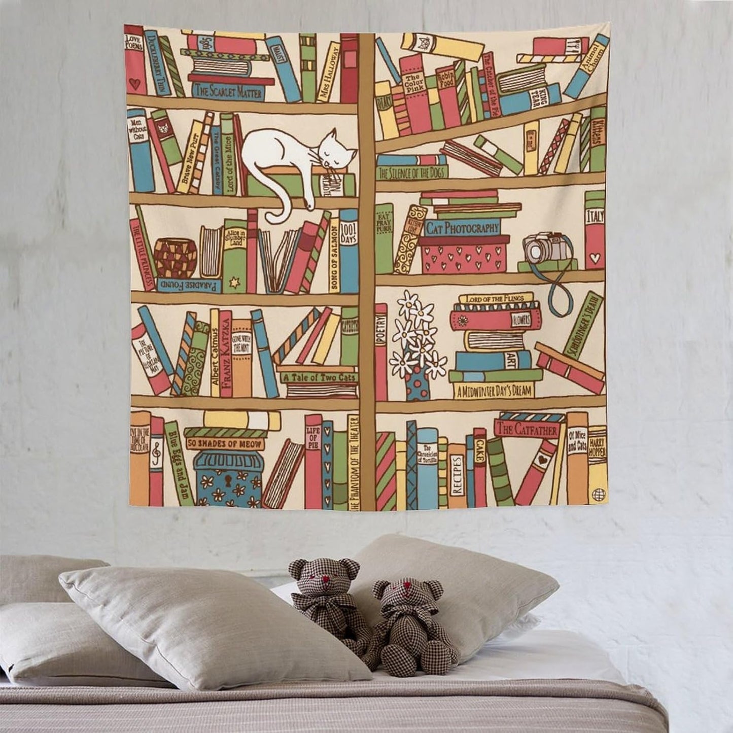 Kurtect Bookshelf Tapestry,Cute Cartoon Cat Sleeping Library Theme Pattern Print Tapestries for Party Beach Picnic Blankets Tablecloths Living Room Wall Deocr, 60x60 in