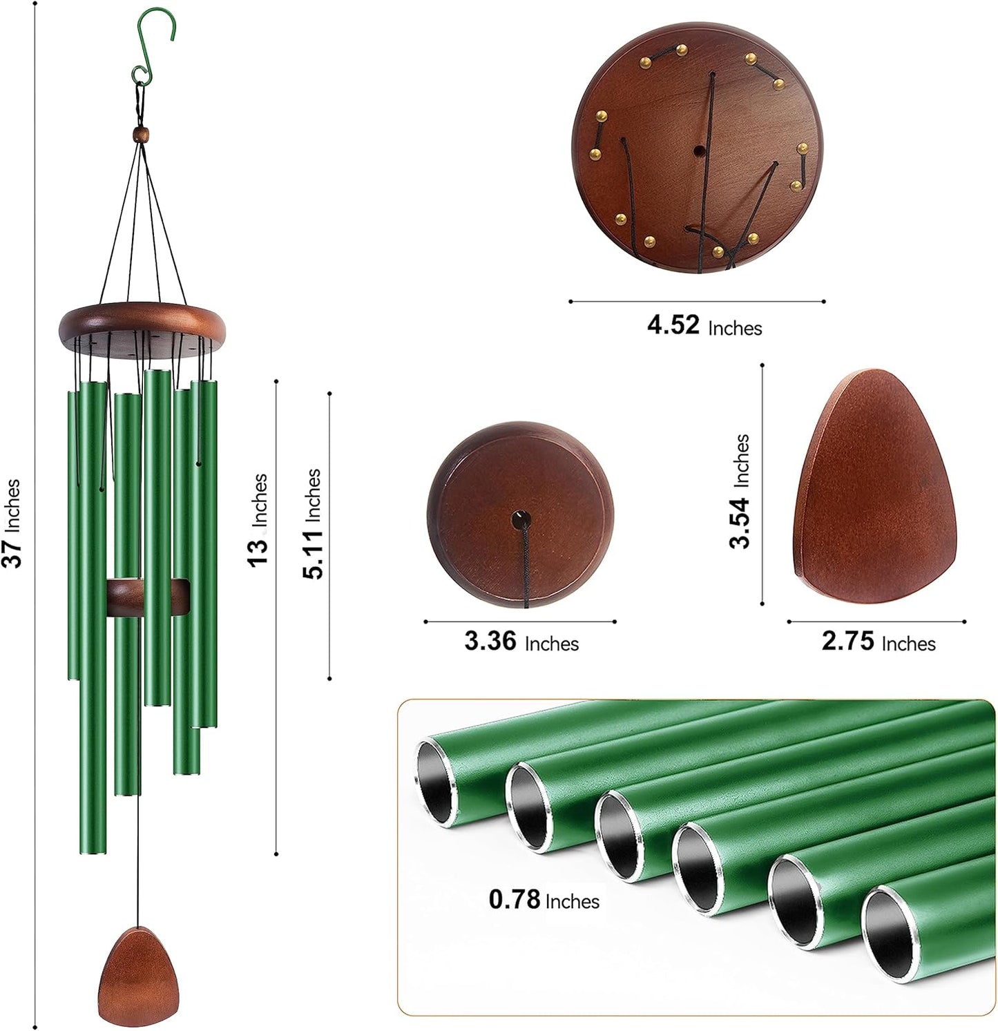 Large Aluminium Wind Chimes 37 Inches to Create a Zen Atmosphere Suitable for Outdoor, Garden, Patio Decoration. Classic Wind Chimes with Wind Catcher Suitable as A Gift for Unisex(Green)