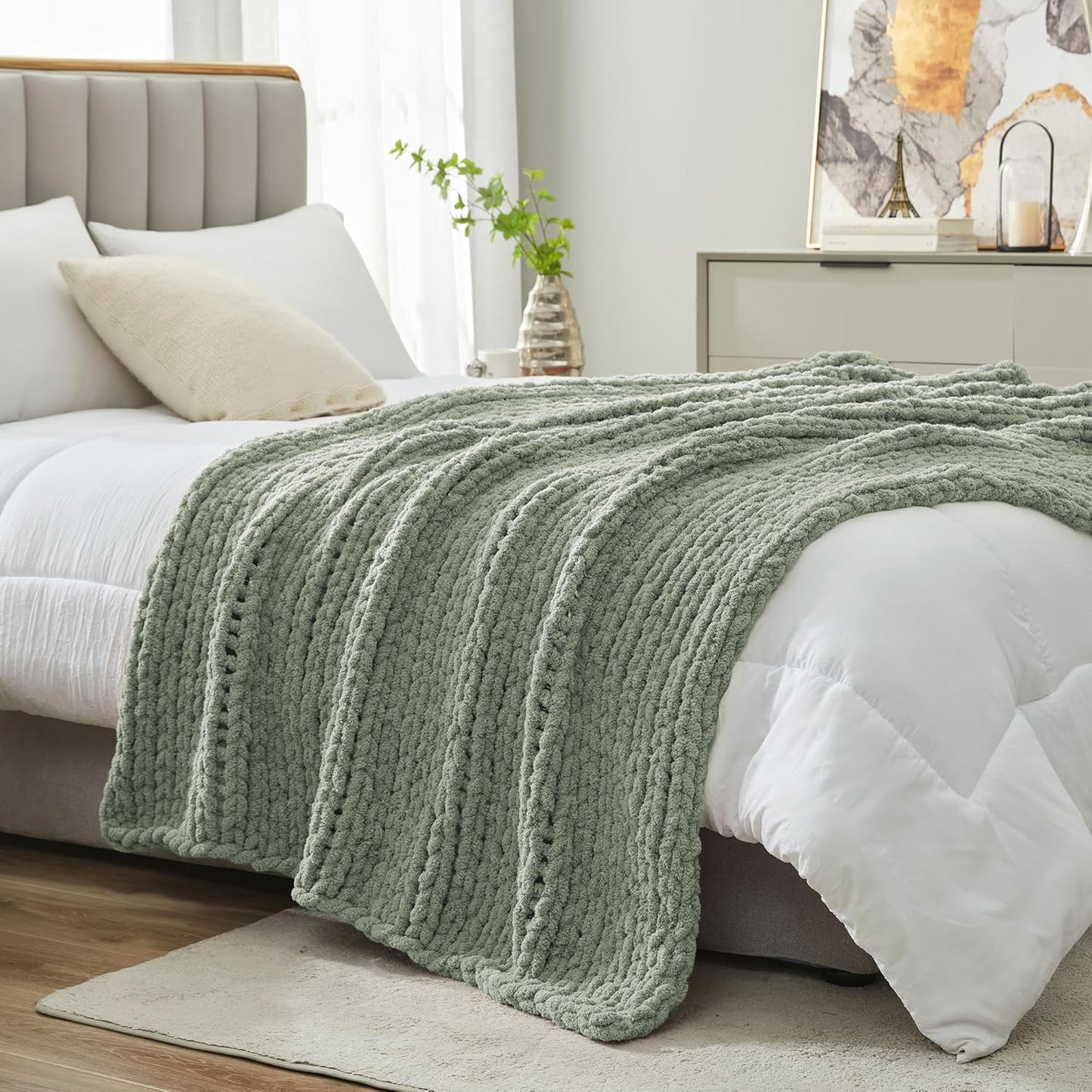 Amélie Home Chunky Knit Throw Blanket for Couch, Soft Chenille Crochet Blanket for Sofa, 50"x60", Sage Green