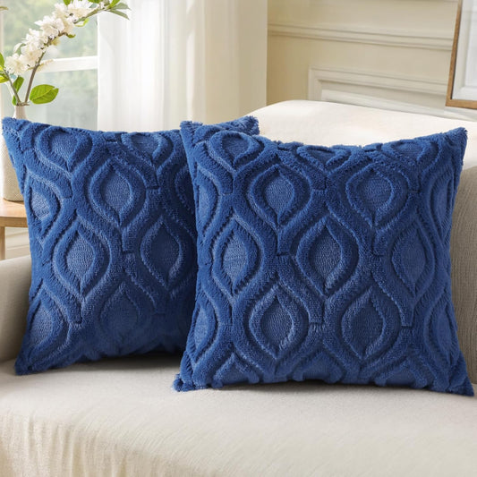 decorUhome Fall Throw Pillow Covers 20x20 Inch Set of 2, Soft Plush Decorative Faux Fur Dark Blue Solid Couch Pillow Covers, Accent Farmhouse Neutral Square Euro Pillow Cases for Sofa Bed Living Room