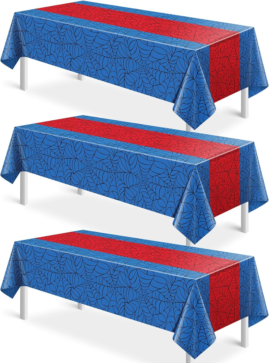 3Pcs Spider Web Themed Birthday Party Tablecloth Decorations,Blue Hero Plastic Table Cover with Red Runner Disposable Rectangle Table Cloth for Baby Shower Kids Boy Birthday Party Supplies,54x108 Inch