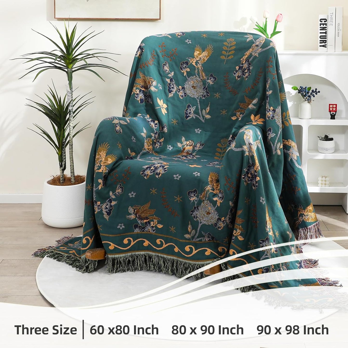 Boho 100% Organic Cotton Large Throw Blanket 50" x 60" - All Season Rustic Ultra Soft Breathable Floral Bird Blanket for Bed Sofa Couch Chair Bedspread Quilt Gift-Teal,Beige