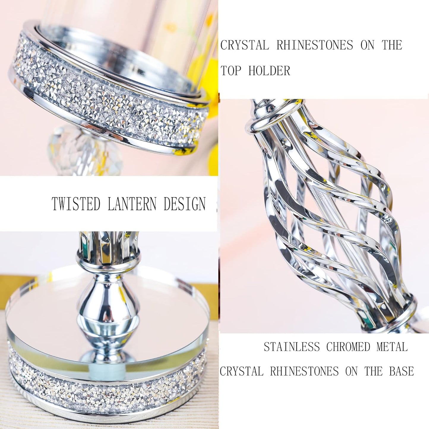 Hanjue Crystal Candle Holders for Pillar Candle, Metal Crystal Candle Holder for Home Decor, Centerpieces, Coffee Dining Table CH0509 (Silver (L))