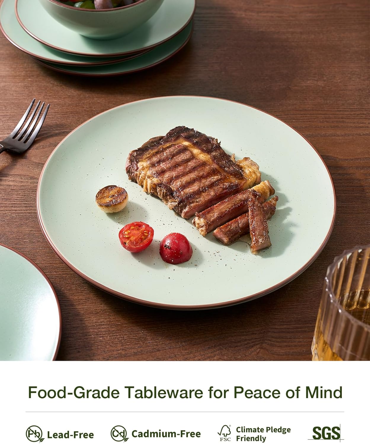 Famiware Venus Ceramic Plates and Bowls Sets, Speckled Dinnerware Dish Sets for 8 (24 Pieces) - Microwave and Dishwasher Safe, Matte Light Green