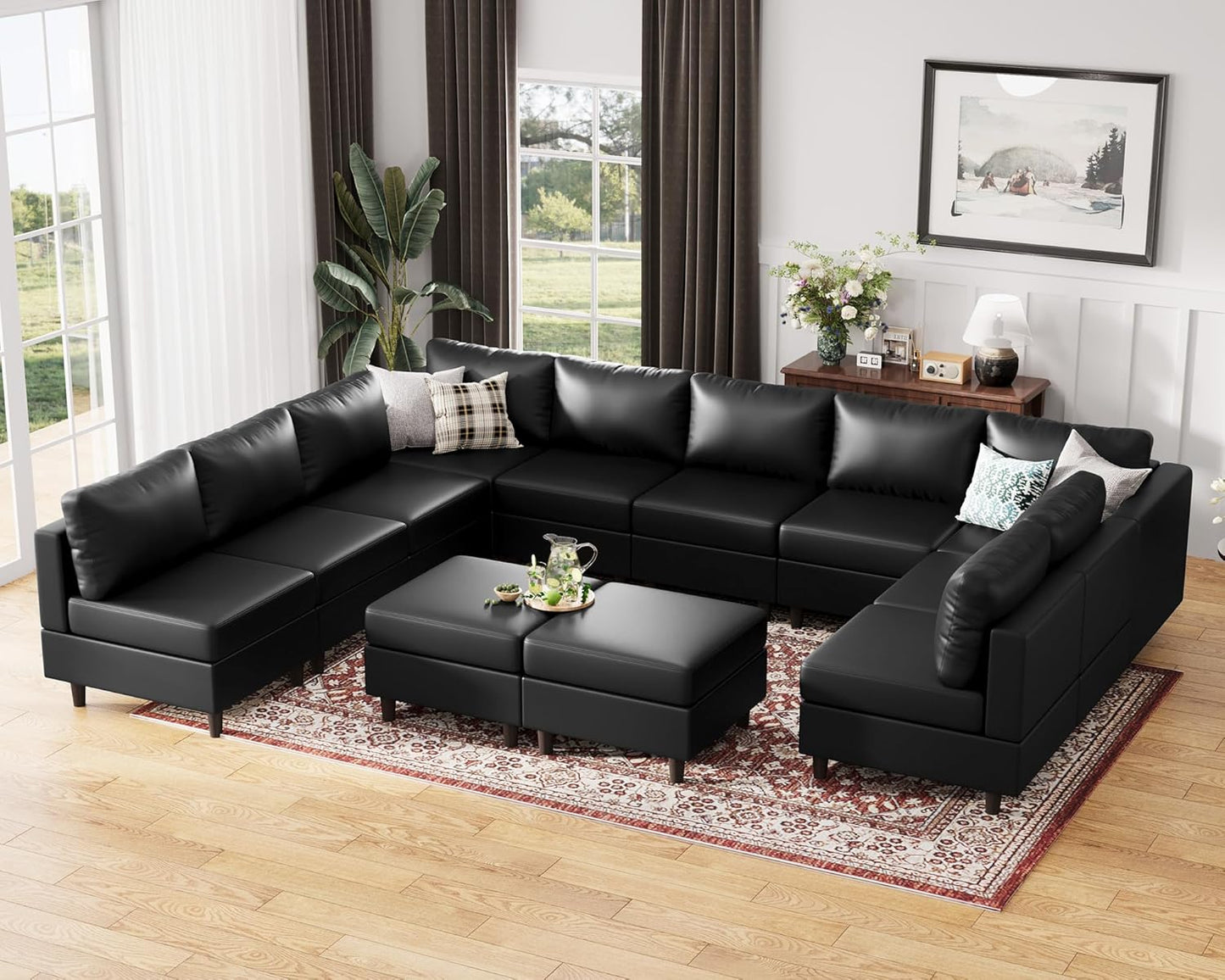 ABCASA Oversized 145.5" Faux Leather Modular Sectional Sofa, Modern Large 12 Seater U Shaped Couch with Storage Seat with Reversible Chaise Deep Seat for Living Room DIY Combination - Black