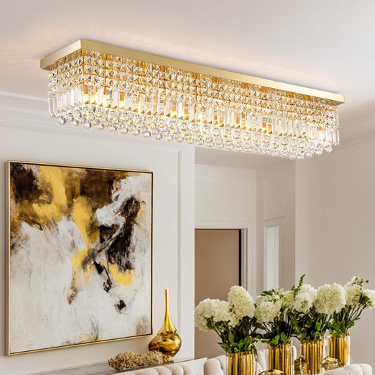 10 Lights Gold Flush Mount Rectangle Chandelier, Modern K9 Crystal Chandeliers Light Fixture Rectangular Raindrop Chandelier Pendant Island Light for Living Dining Room Kitchen Bar L47 Inch