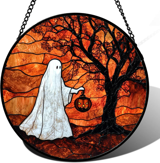 Stained Glass Window Hanging - Halloween Ghost Holding A Pumpkin Lantern Suncatcher for Door Garden Spooky Tree Sun Catchers Gothic Decorations Horror Gifts for Women Men Friend 9.8 in