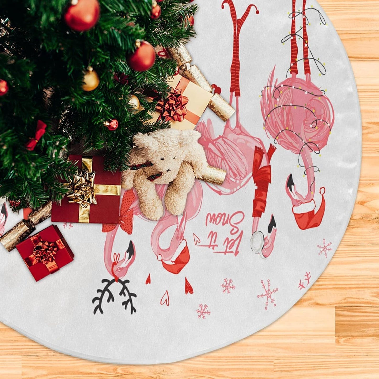 Christmas Pink Flamingo Snowflake Tree Skirt, Seasonal Tree Mat Holiday Party Supplies Ornaments Indoor Outdoor Decorations for Tabletop Trees 47.2 Inches