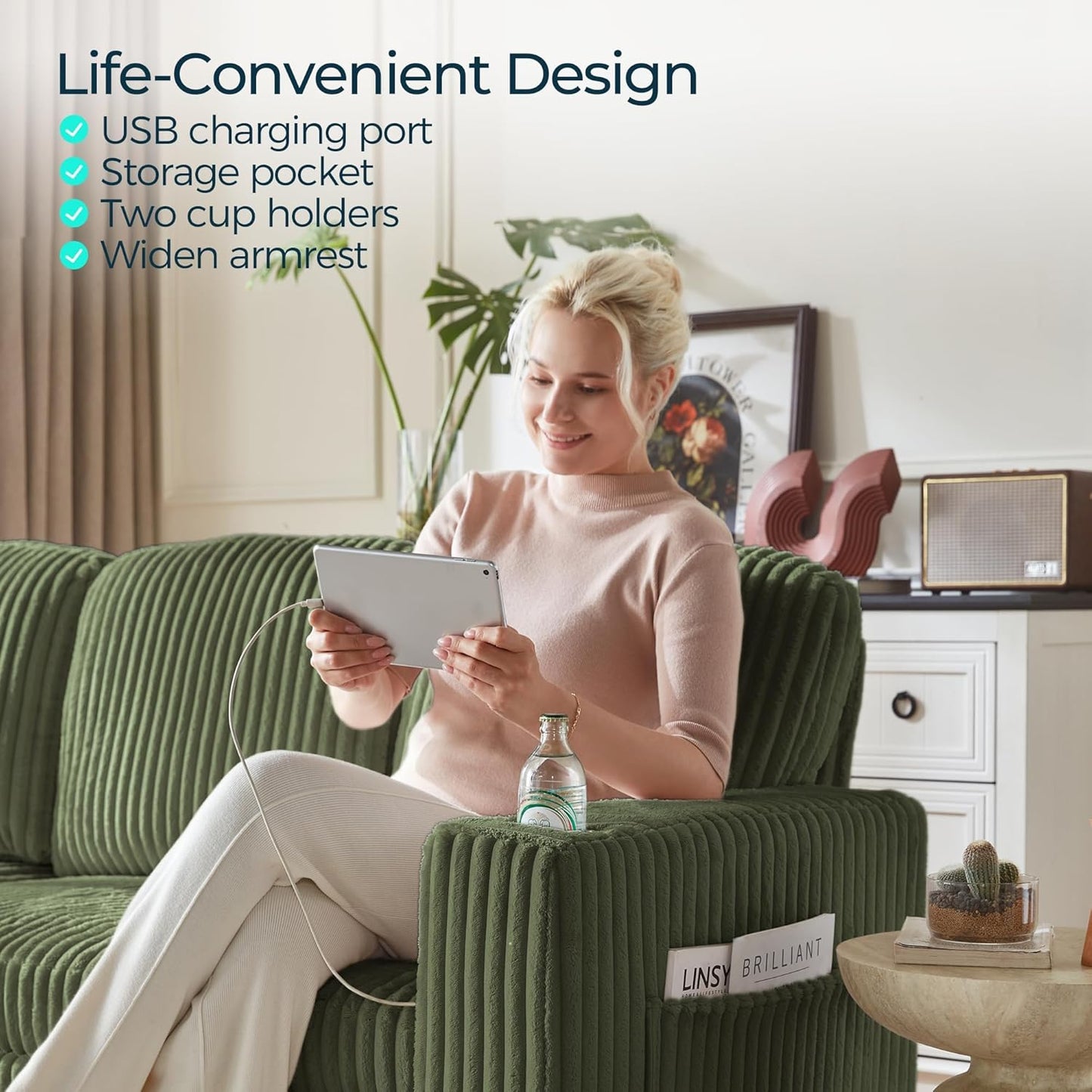 LINSY HOME Sectional Sleeper Sofa with Pull Out Couch Bed Convertible Plush Corduroy Cloud Couch with Storage Chaise & USB Charging, Comfy L Shaped Modular Couches for Living Room Apartment (Green)