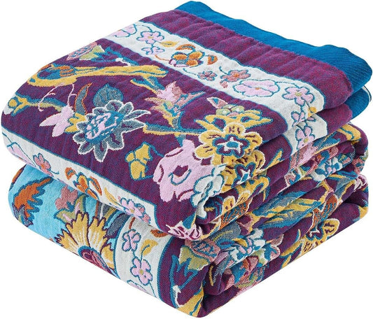 Fall Blanket for Bed, 100% Cotton Soft Rustic Boho Throw Blanket Quilt, 80"x90" Farmhouse Decor Bed Flower Blankets, Light Weight Reversible Bohemian Throw Quilt