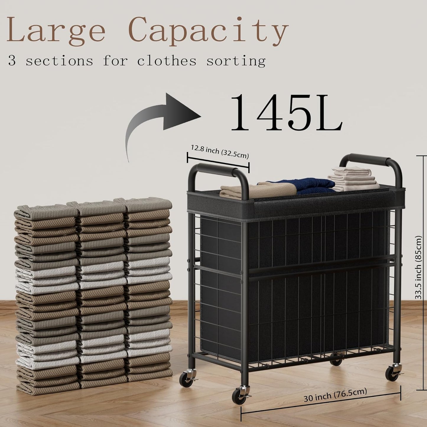 Laundry Hamper 3 Section, 145L Rolling Laundry Sorter Basket with Wheels, 3 Compartment Clothes Organizer Cart, Pull-Out Removable Bags for Laundry Room, Bathroom, Bedroom, Black