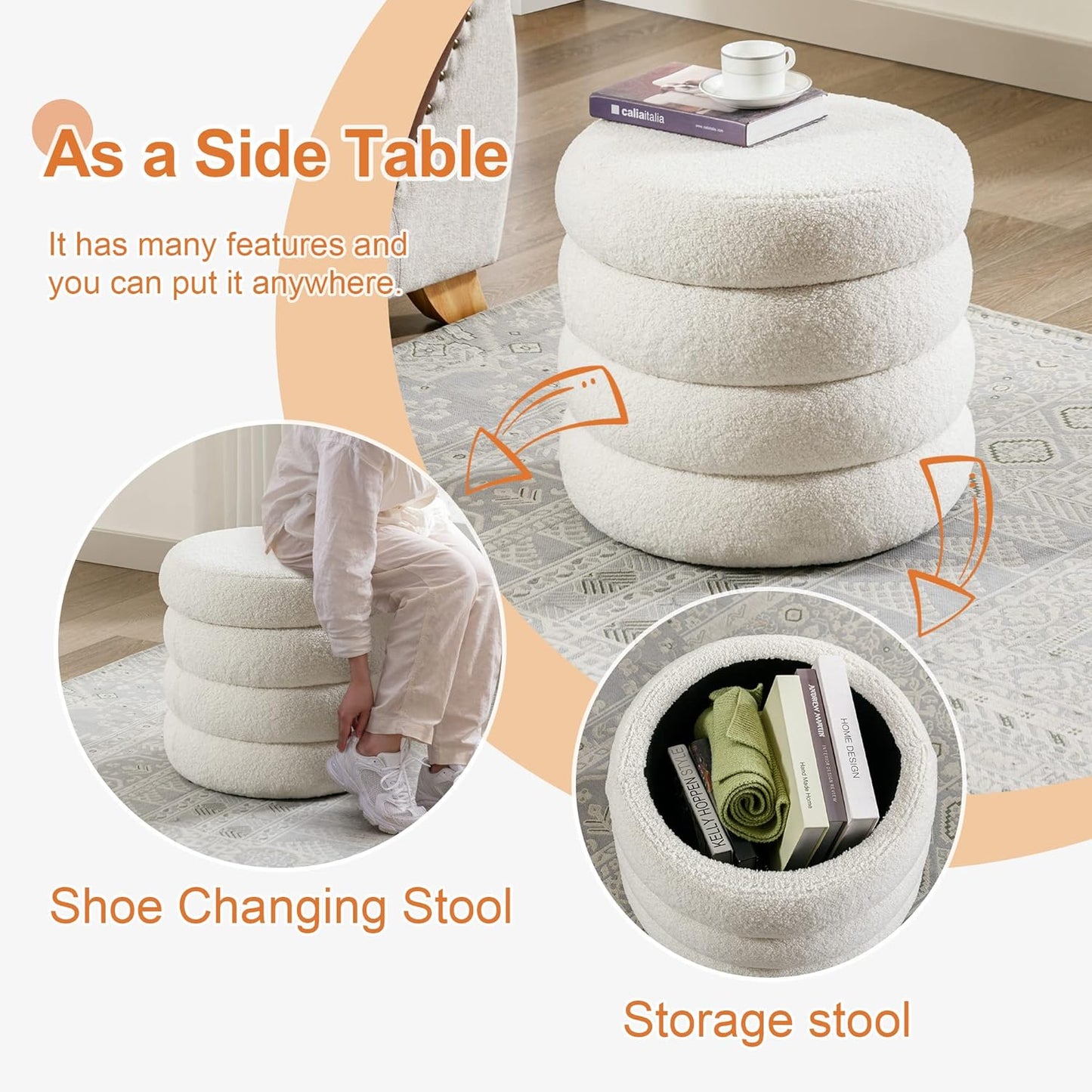 ONEVOG 20" Round Storage Ottoman with Removable Lid, Off-White Boucle Fabric Footrest Pouf, Sherpa Tufted Small Coffee Table Vanity Ottoman Foot Stools for Living Room Couch, Bedroom, Dorm, Nursery