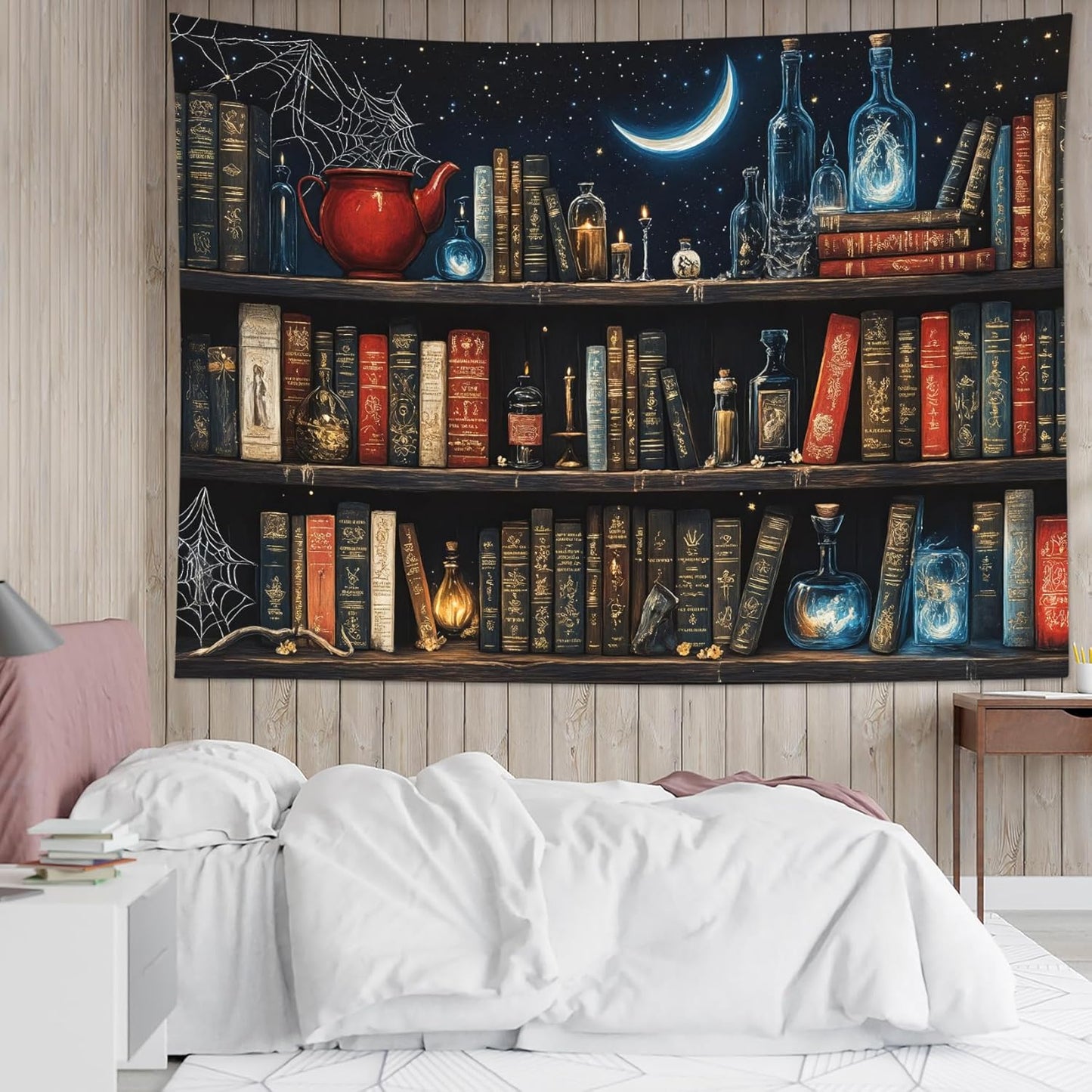 LB Fantasy Bookshelf Tapestry, Horror Spider and Vintage Book with Moon Wall Tapestry for Bedroom Aesthetic, Trippy Galaxy Wall Art for Living Room Dorm Home Decor Ready to Hanging, 48 x 36 Inches
